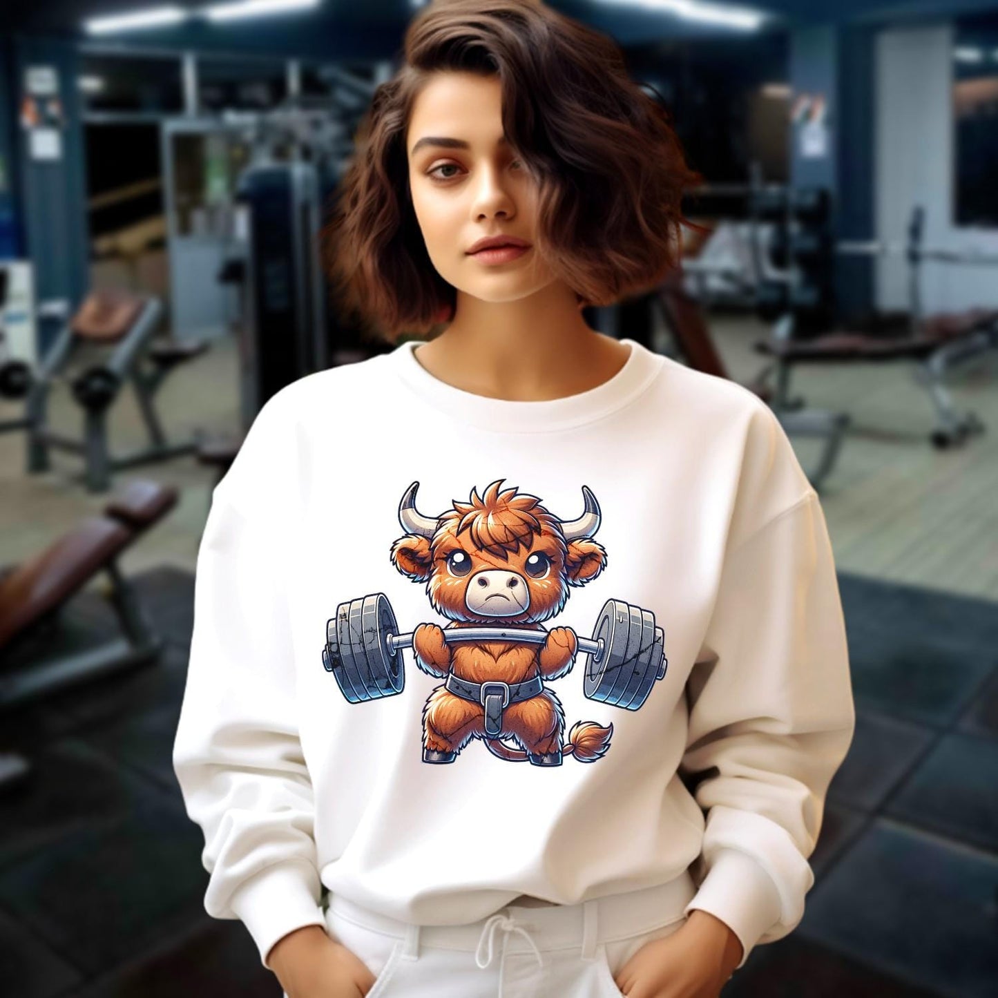 Alt text: "Vibrant gym sweatshirt featuring a cute highland cow lifting weights, promoting fitness goals and a healthy lifestyle. Perfect for workouts."