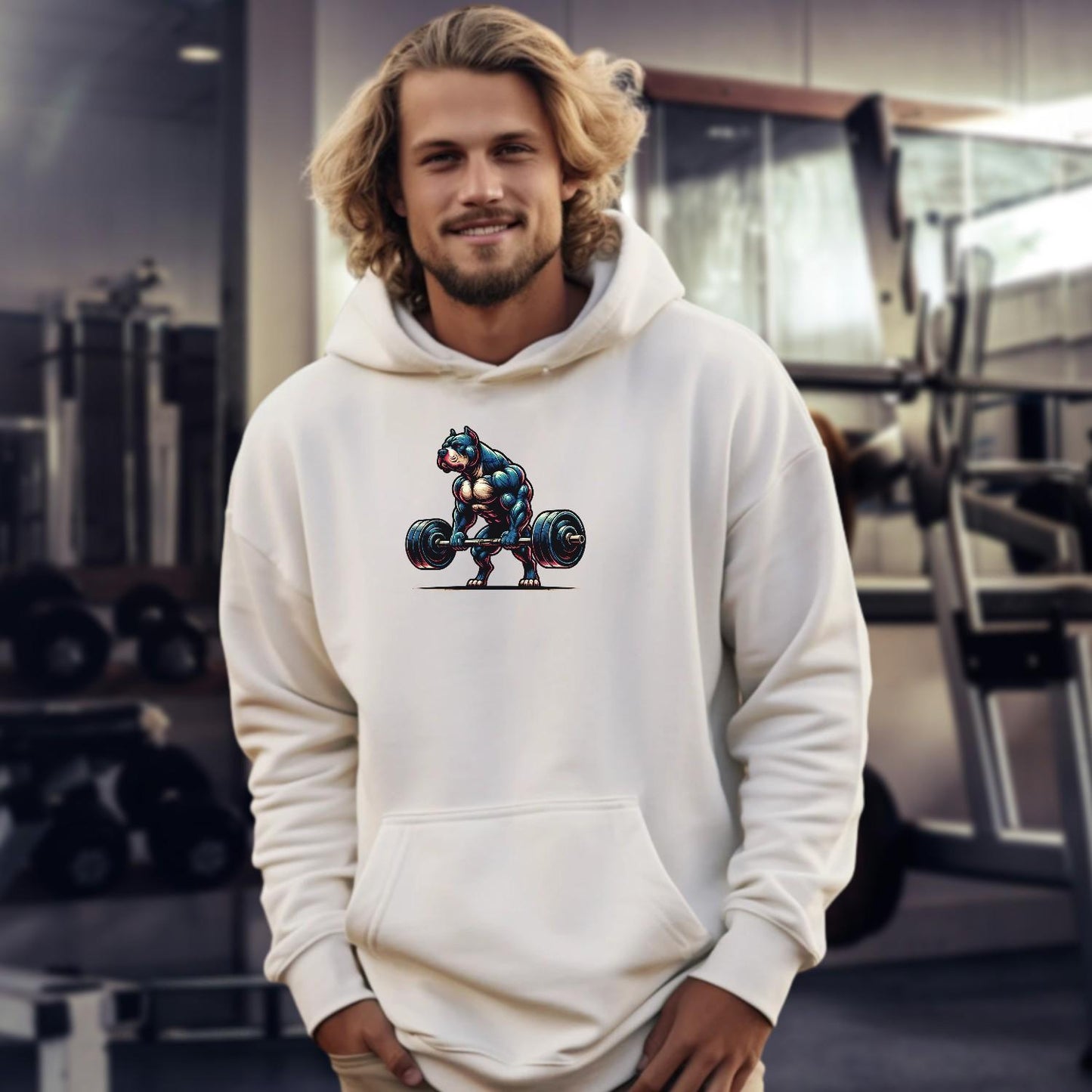 "Bold gym hoodie featuring a muscular dog lifting weights; perfect for fitness enthusiasts seeking style, motivation, and performance."