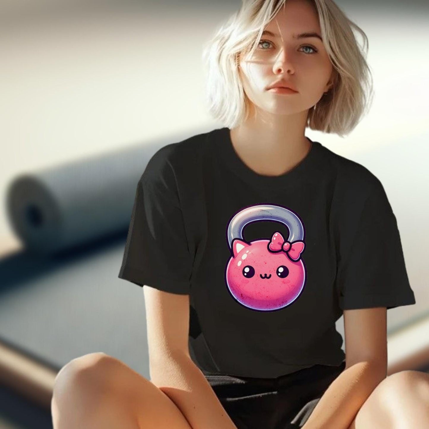 "Adorable pink kettlebell T-shirt with a cute cat face and bow, perfect for gym lovers. Stylish workout gear for fitness enthusiasts."