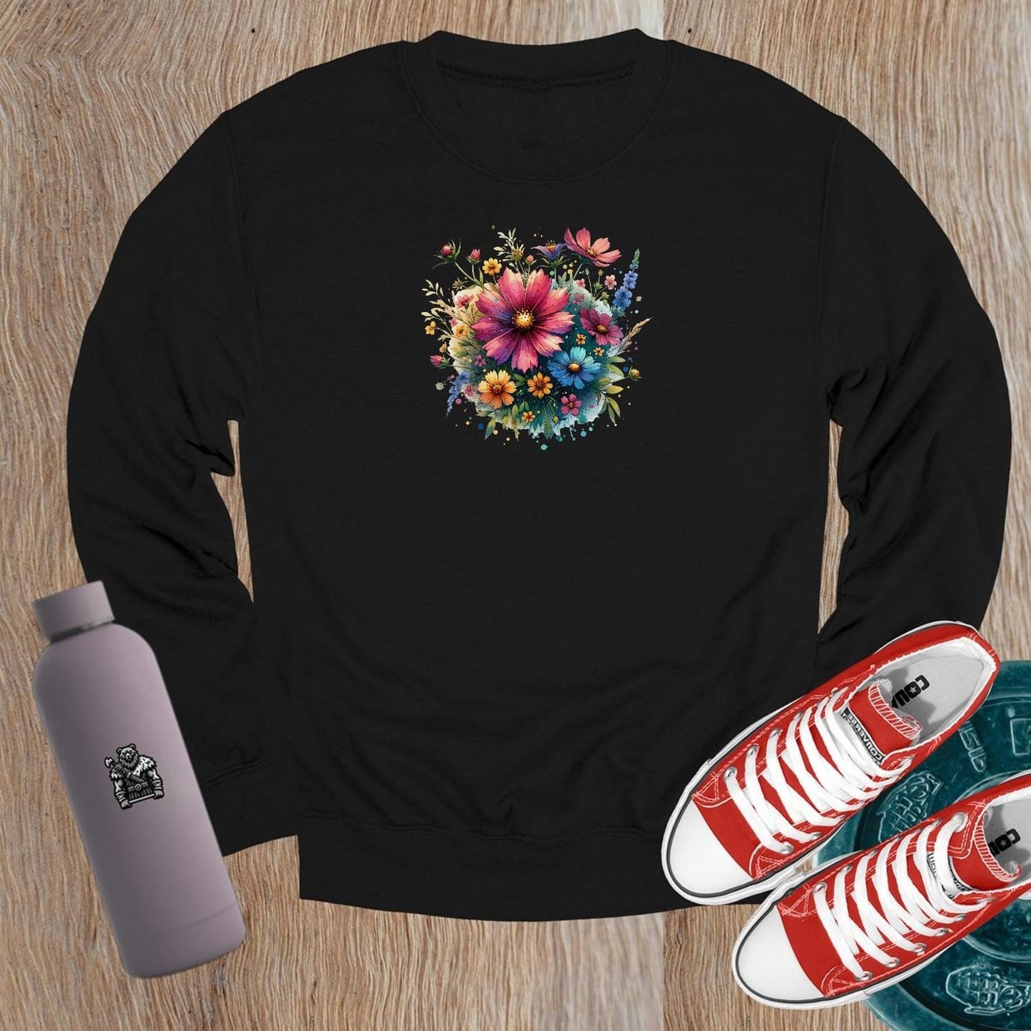 "Vibrant floral crewneck sweatshirt for gym and casual wear. Perfect blend of comfort and style for workouts, leggings, and shorts."