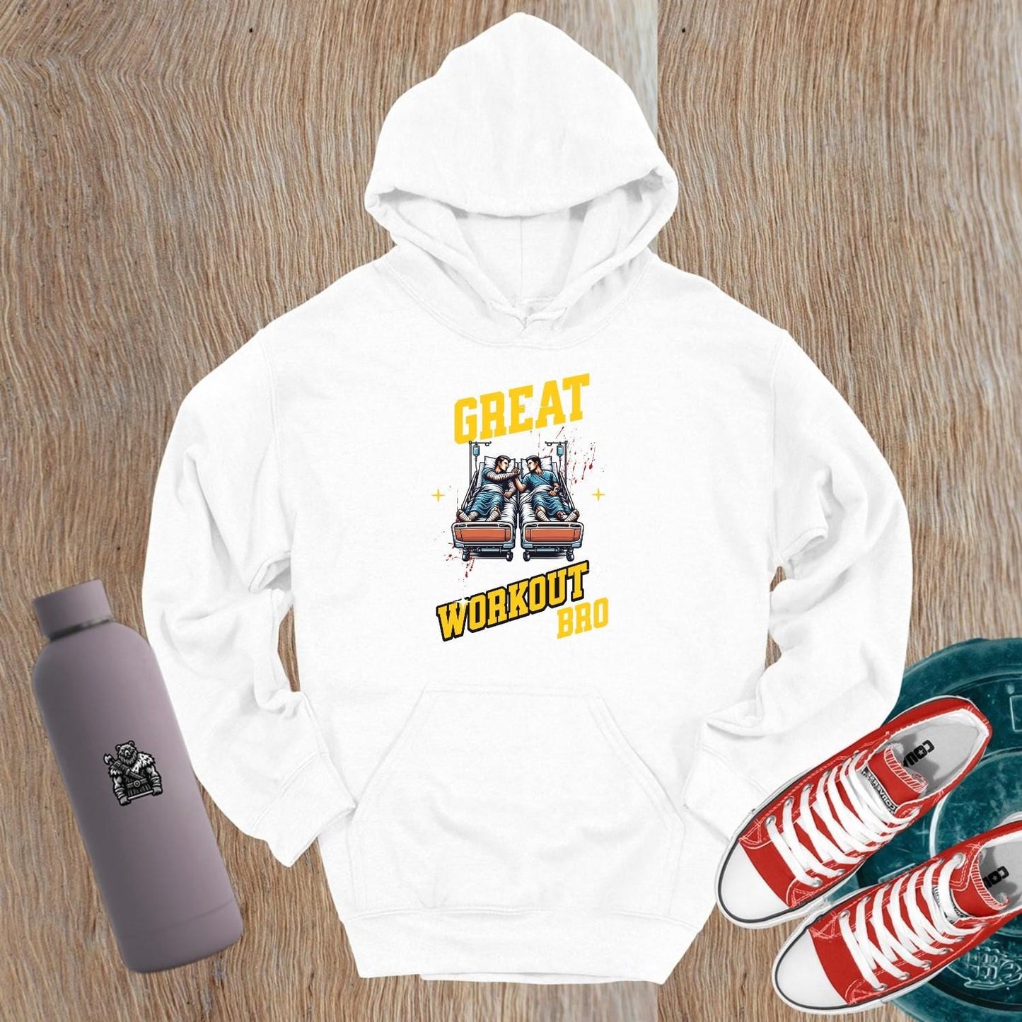 "Edgy 'Great Workout Bro' hoodie featuring bold text and a modern design, perfect for gym enthusiasts and fitness motivation."