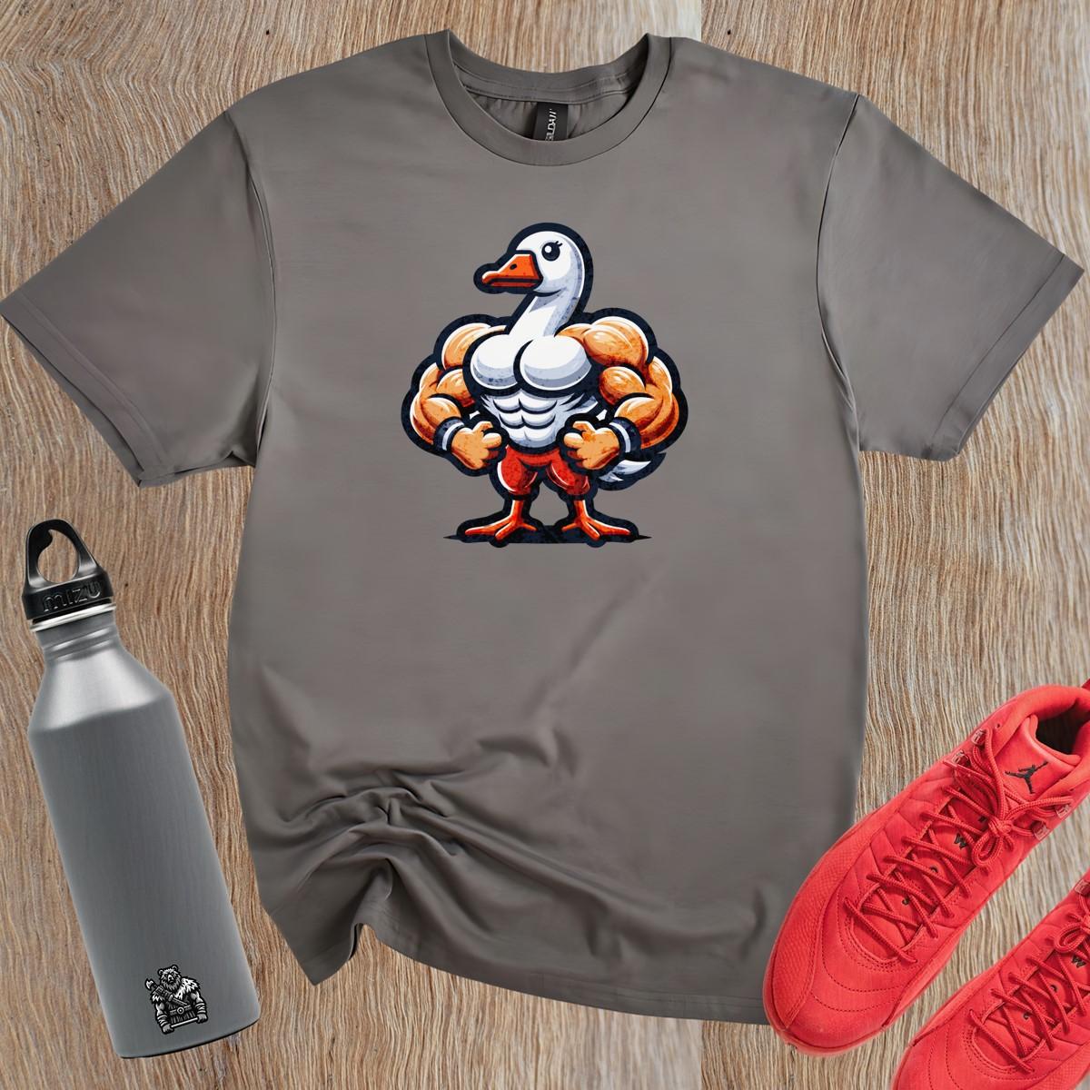 "Bold gym T-shirt featuring a muscle-bound goose design, perfect for workouts, fitness enthusiasts, and making a fun statement."