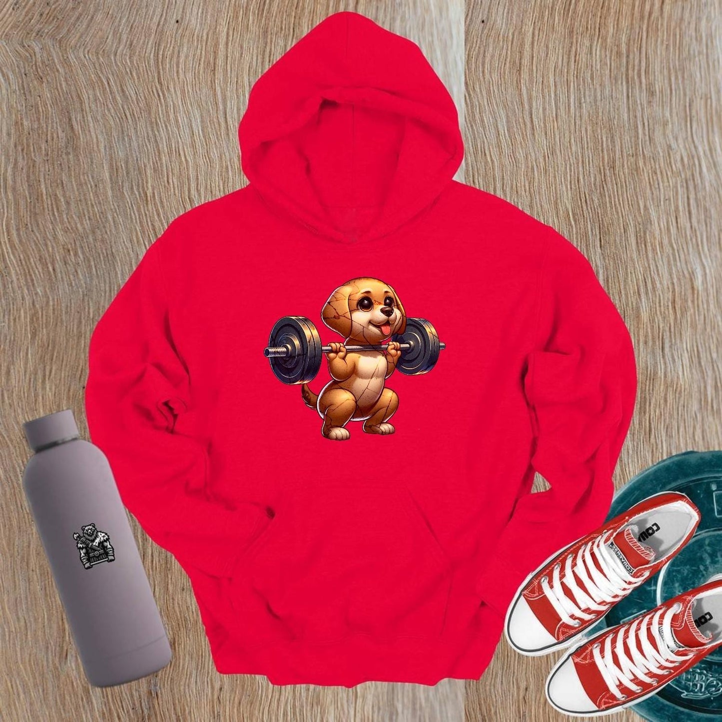 "Adorable gym hoodie featuring a playful puppy lifting weights, perfect for fitness lovers who want fun, style, and comfort in workouts."