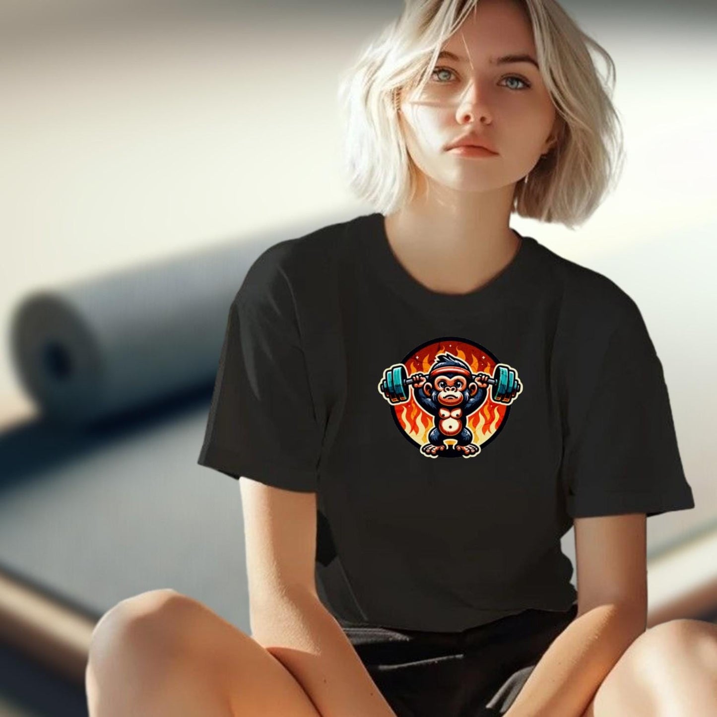 "Vibrant gym T-shirt featuring a weightlifting monkey, symbolizing strength and motivation for fitness enthusiasts. Perfect workout gear!"