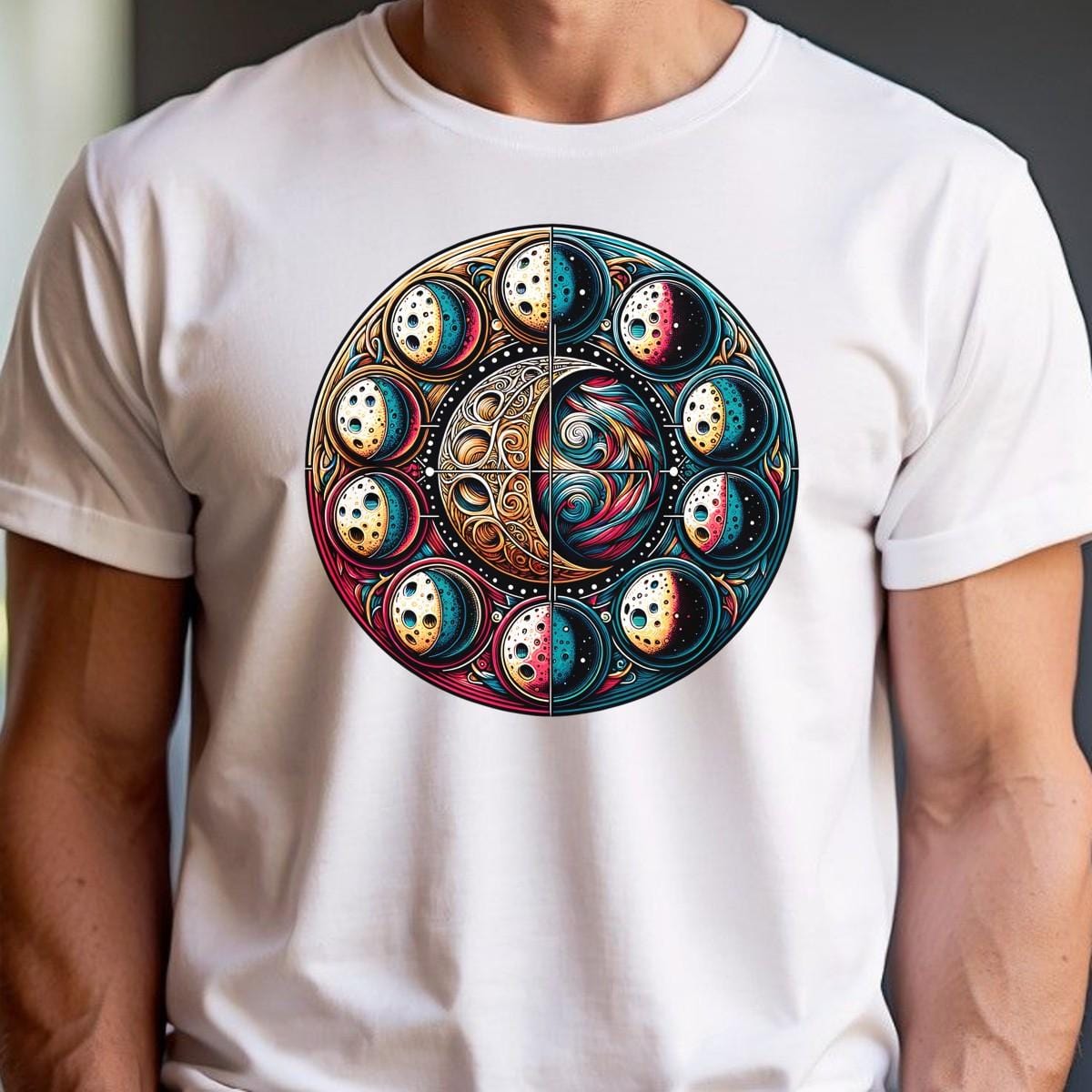 Alt text: "Cosmic Moon Phases T-Shirt design featuring vibrant celestial artwork, perfect for gym workouts and casual outings, inspiring fitness passion."