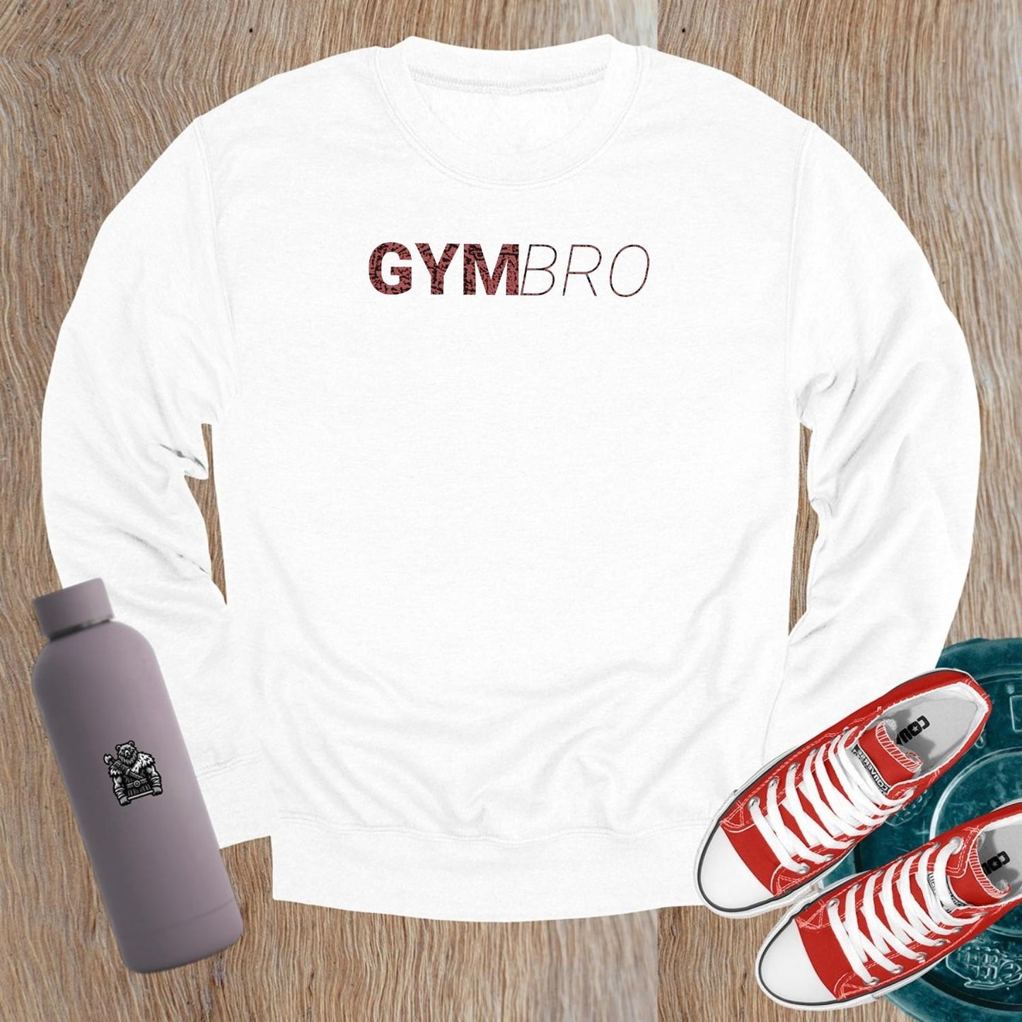 Alt text: "Bold 'GYMBRO' sweatshirt in a relaxed fit, perfect for gym workouts or casual wear, showcasing strength, fitness, and community spirit."
