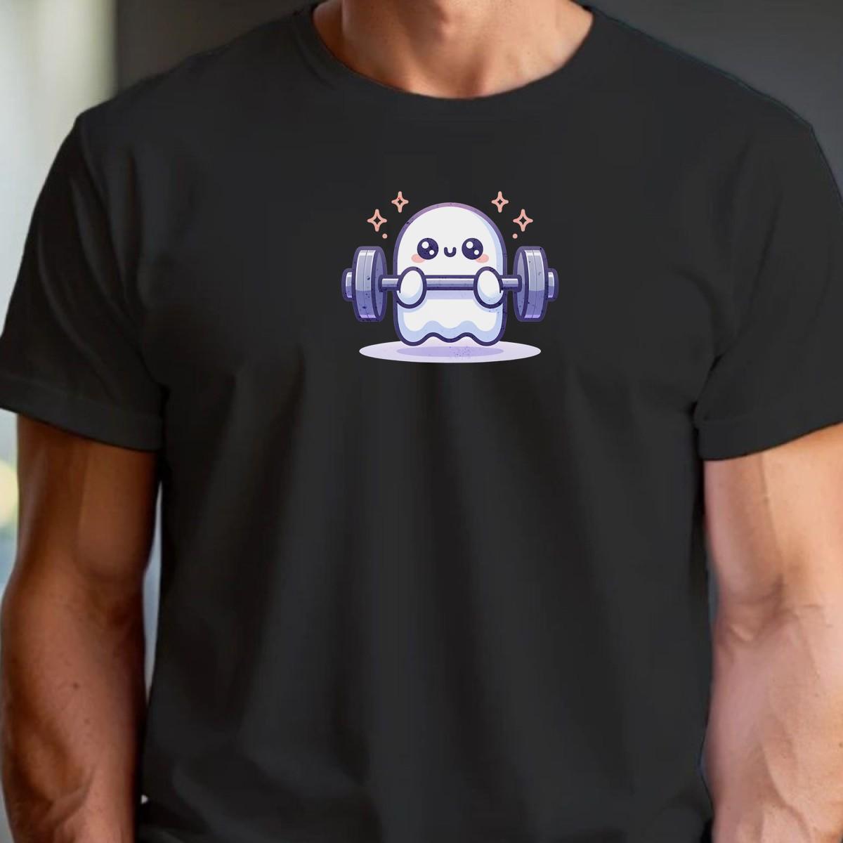 "Playful ghost lifting weights design on gym T-shirt, blending fitness motivation with whimsical charm for workout and casual wear."
