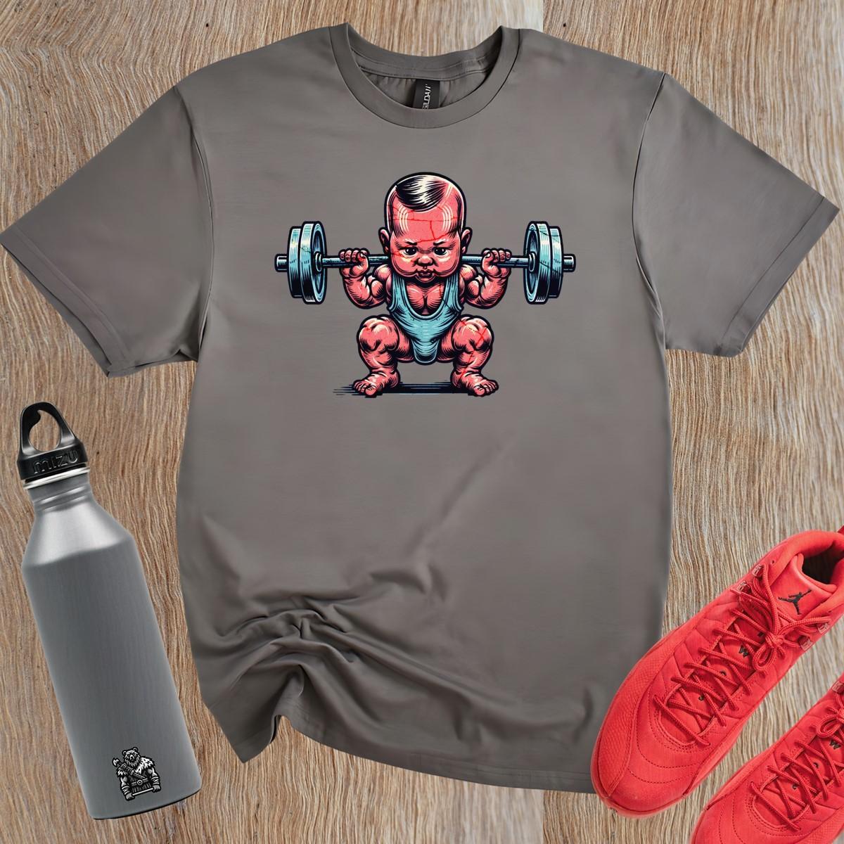 "Fun gym T-shirt featuring a charming baby lifting weights, combining humor and strength for fitness enthusiasts. Perfect for workouts!"