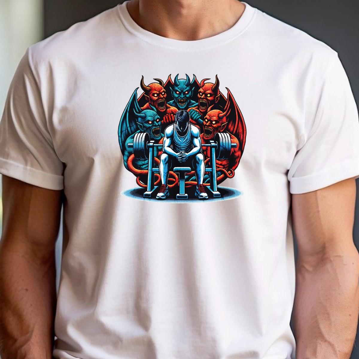 "Bold gym T-shirt featuring fierce graphic of determination on a fiery backdrop, perfect for showcasing strength and fitness passion."