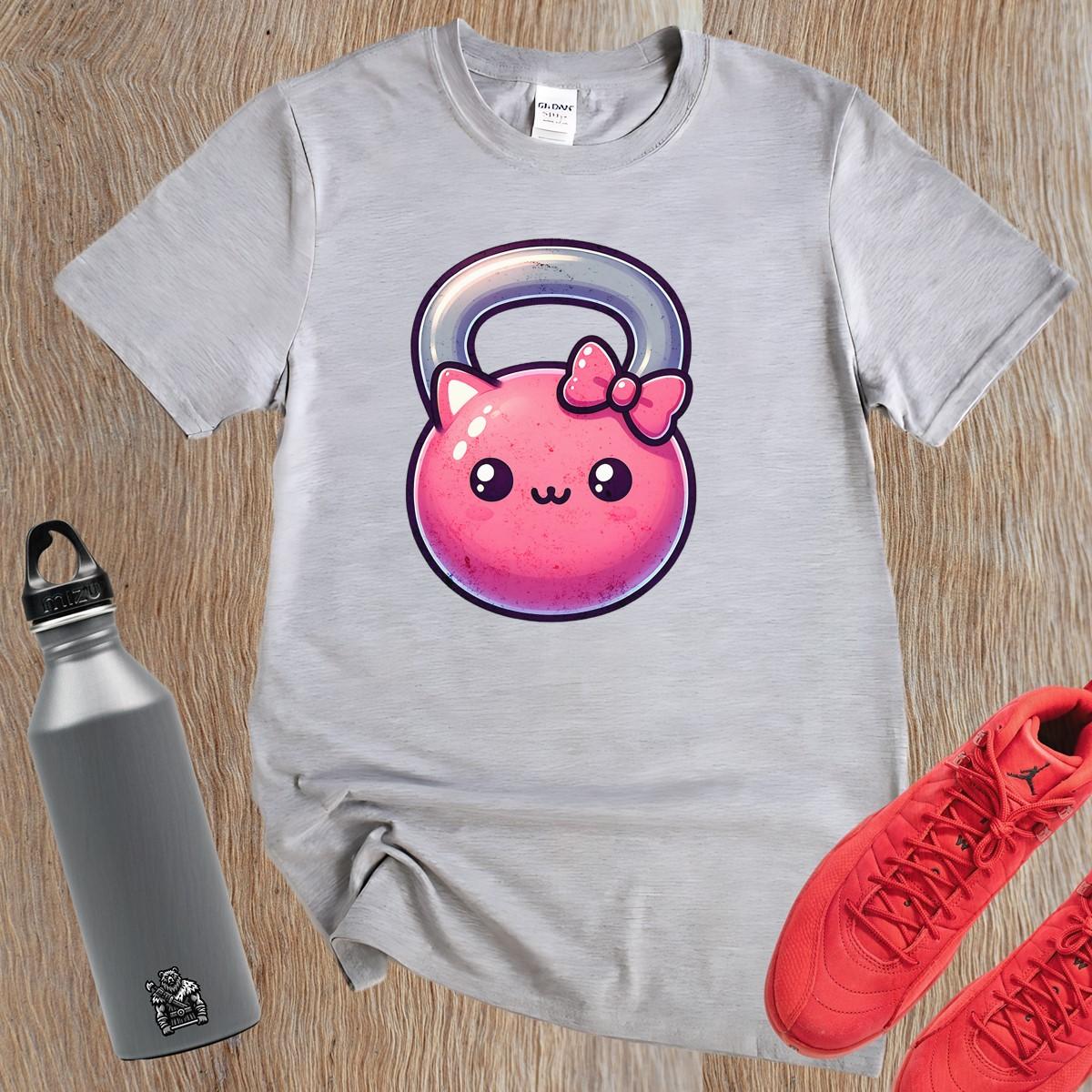 Alt text: "Kawaii Kettlebell T-shirt featuring a cute pink kettlebell with a bow, perfect for gym workouts and stylish casual wear."