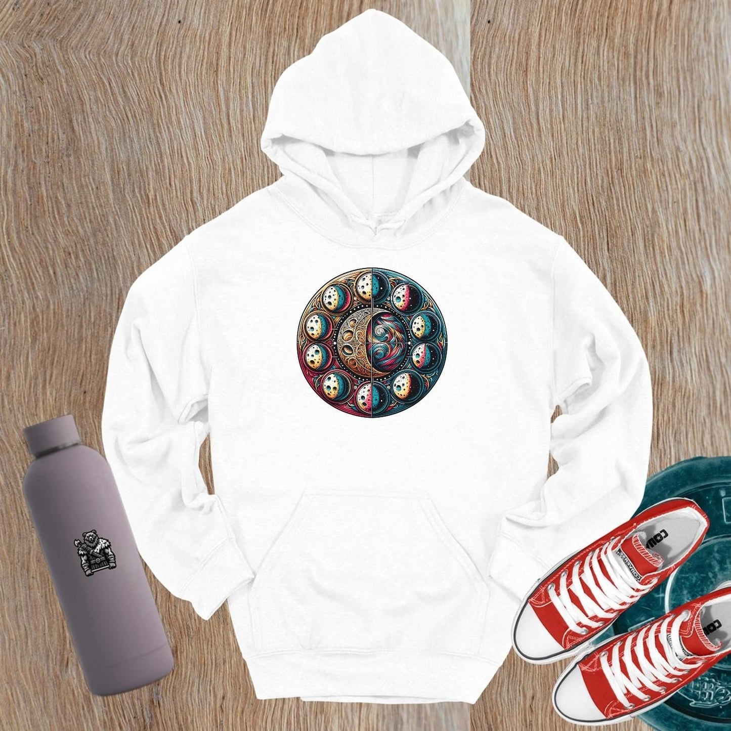 Alt text: "Cosmic Journey Hoodie showcasing a vibrant celestial design in rich colors, perfect for gym wear and stylish casual outings."