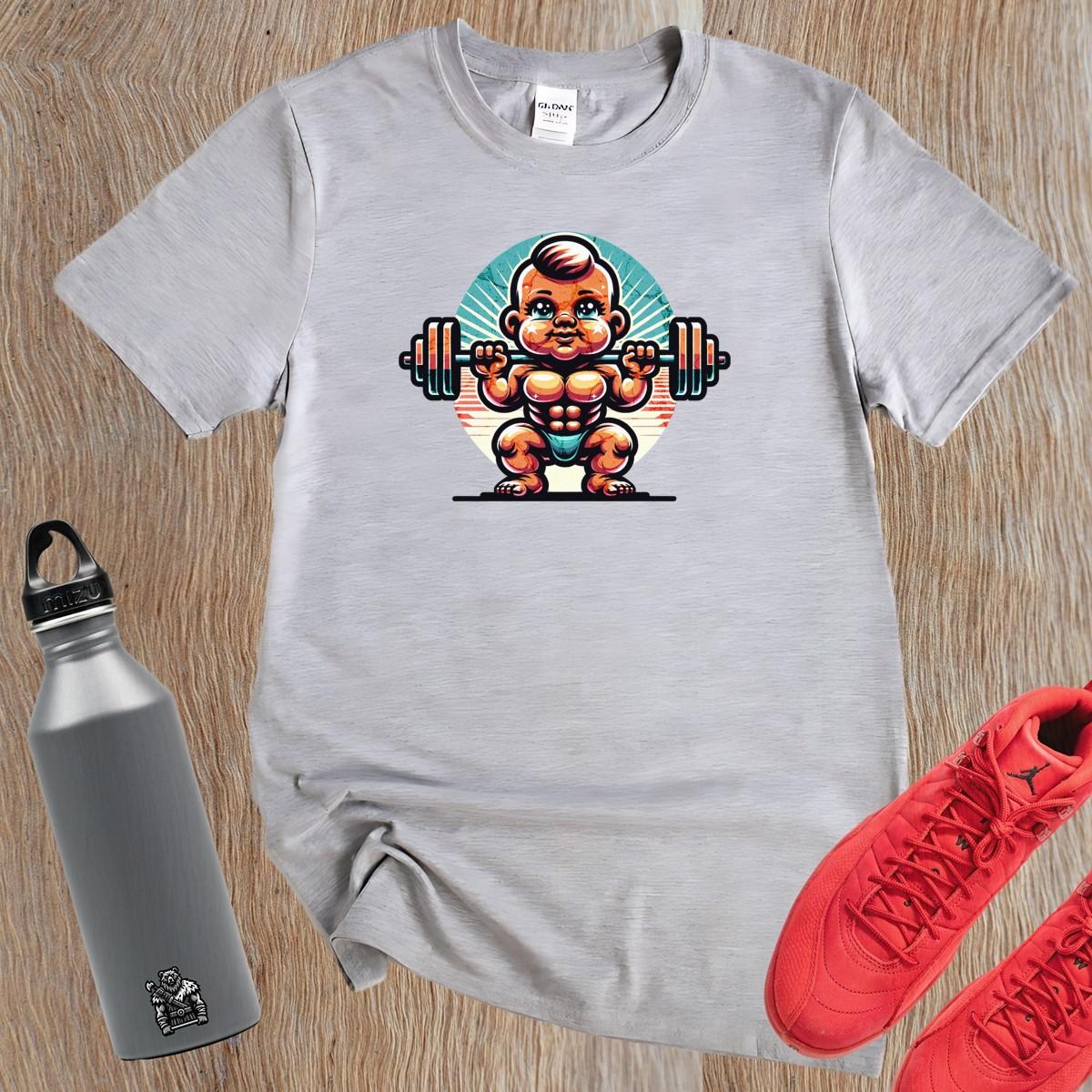 Alt text: "Baby Beast gym T-shirt design featuring a confident baby lifting weights with vibrant colors, perfect for fitness enthusiasts."