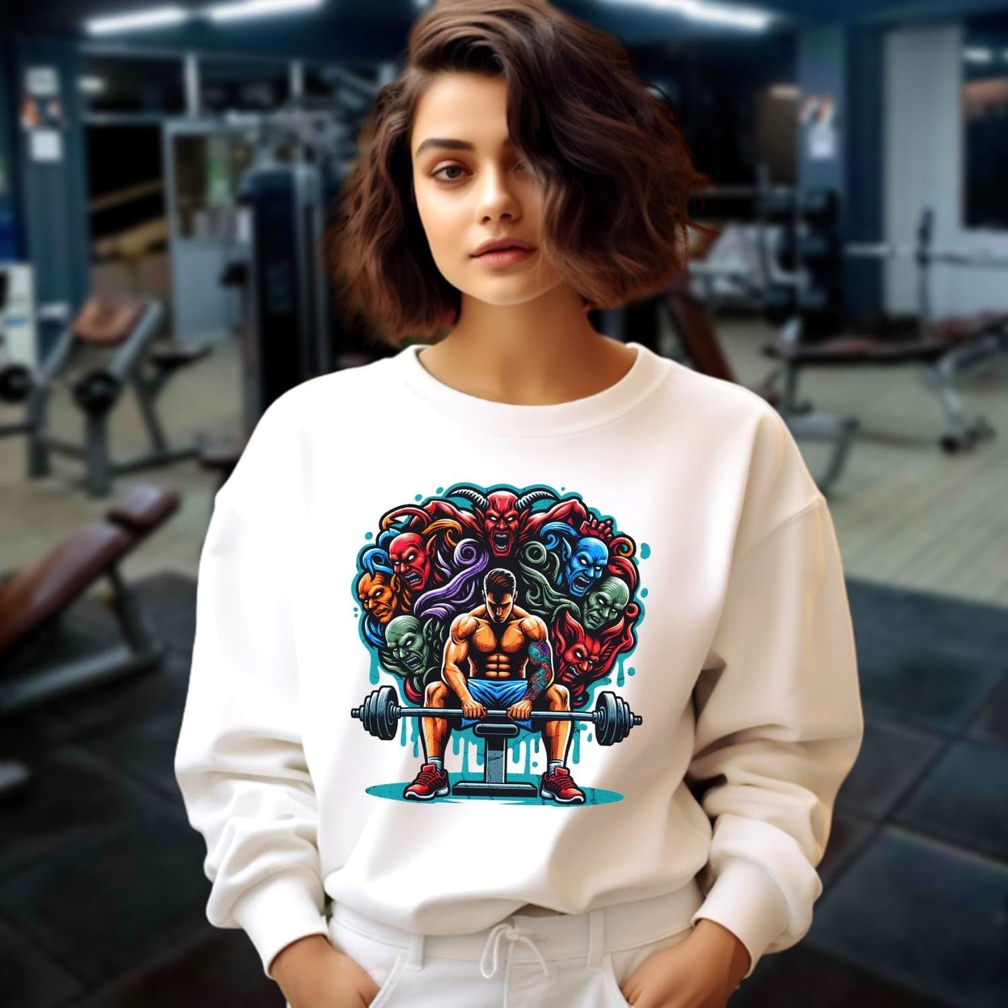 "Bold gym sweatshirt featuring an inspiring graphic, designed for comfort and style, perfect for workouts and casual wear."