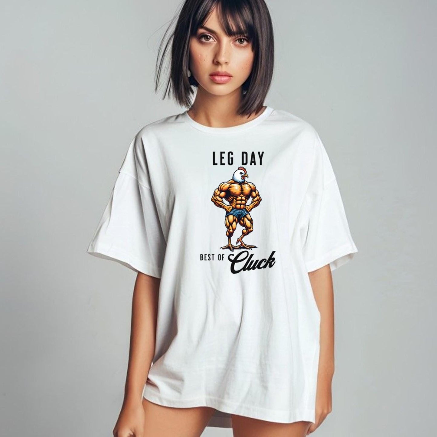 "Bold gym T-shirt featuring a unique muscular chicken design, perfect for fitness enthusiasts. Ideal for workouts, weightlifting, and cardio."