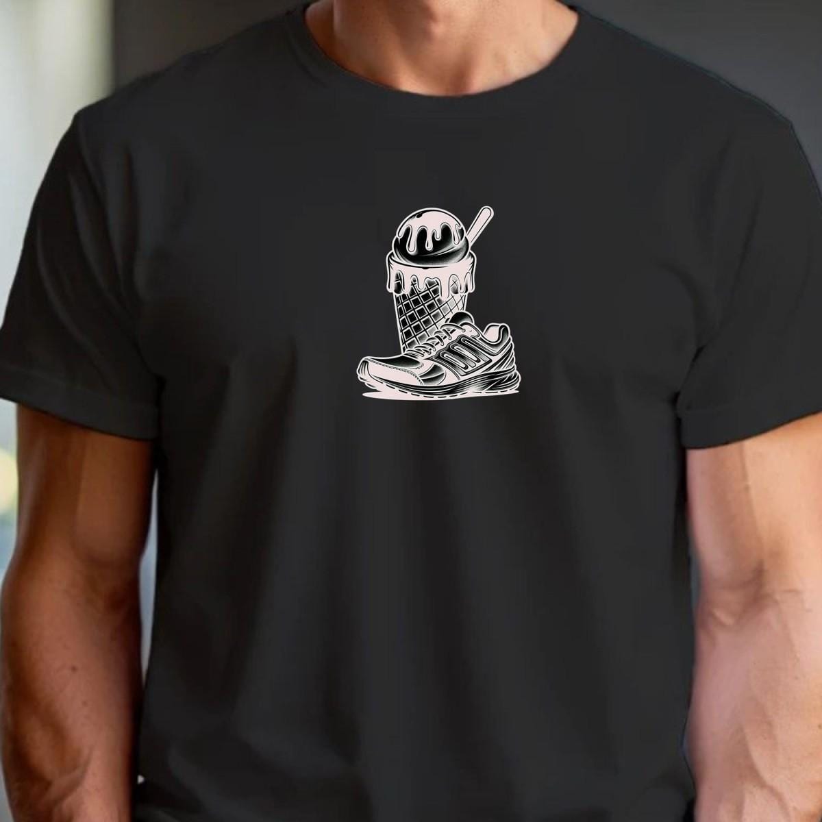 Alt text: "Unique gym T-shirt design featuring a stylish running shoe and a vibrant ice cream cone, blending fitness and fun in one graphic."