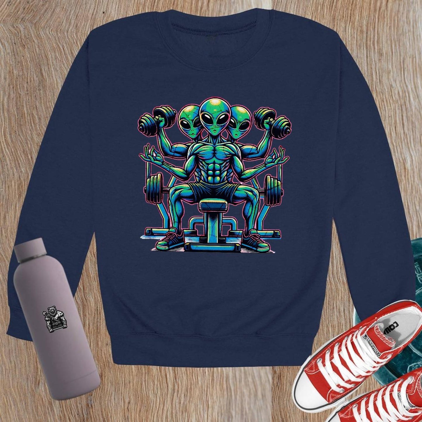 "Vibrant alien-themed Crewneck Sweatshirt for gym enthusiasts, featuring a unique design that combines fitness and individuality."