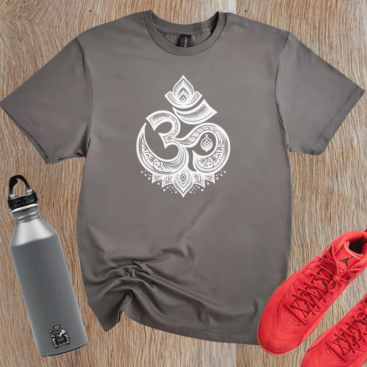 "Bold graphic gym T-shirt featuring an intricately designed Om symbol, promoting peace, mindfulness, and inner strength for fitness enthusiasts."