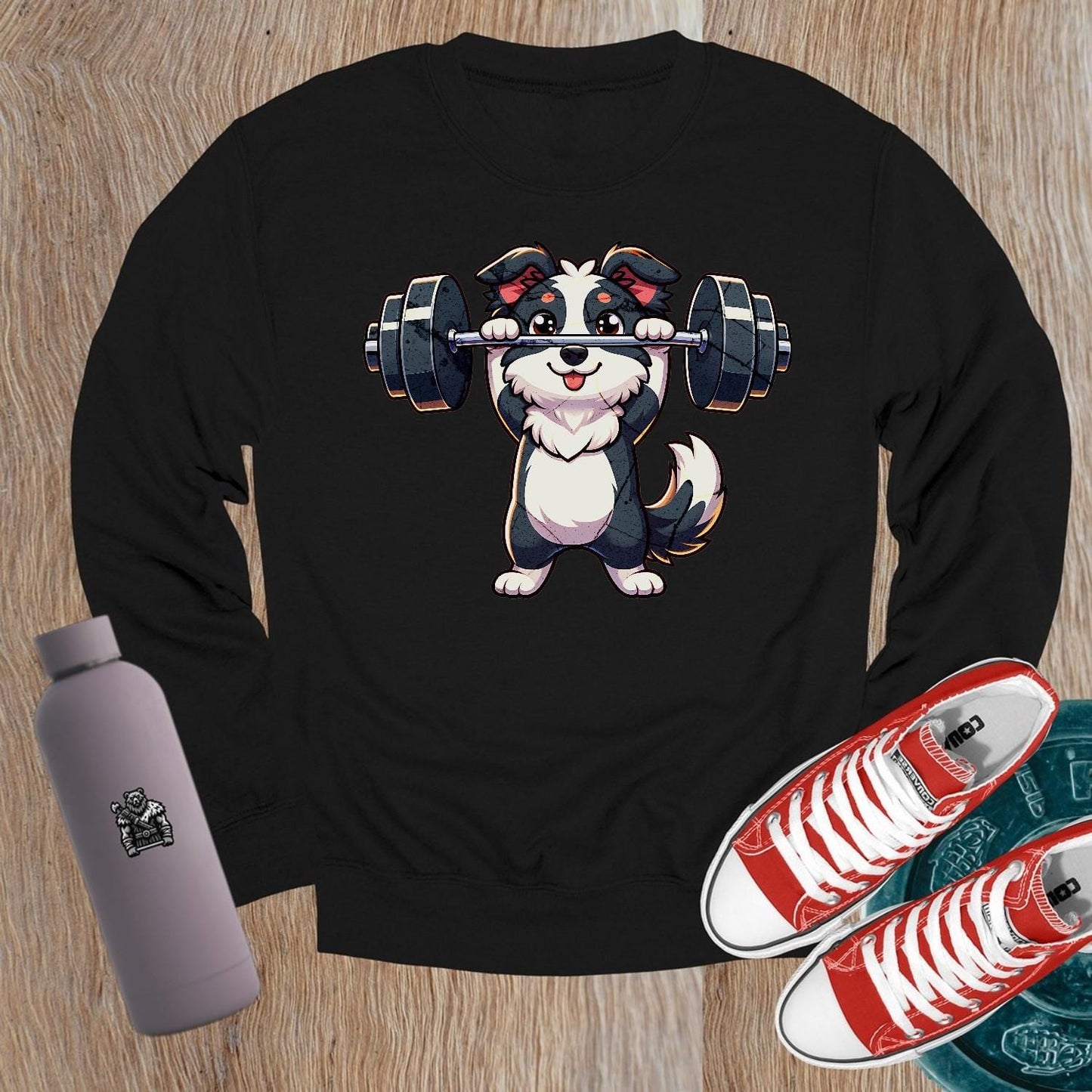 Alt text: "Playful gym crewneck sweatshirt featuring an adorable lifting puppy graphic, perfect for fitness lovers and casual outings."