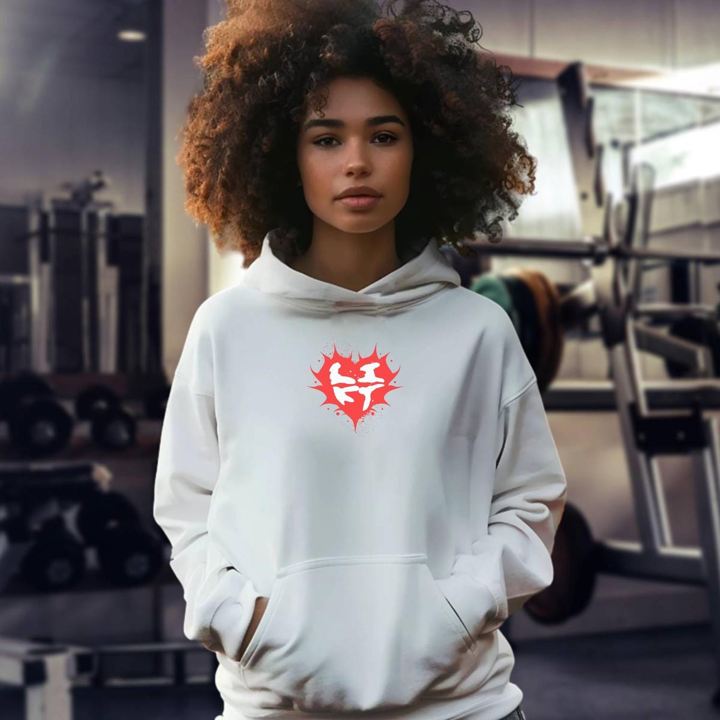"Bold gym hoodie featuring a vibrant heart graphic and motivational design, perfect for fitness enthusiasts. Relaxed fit for comfort."