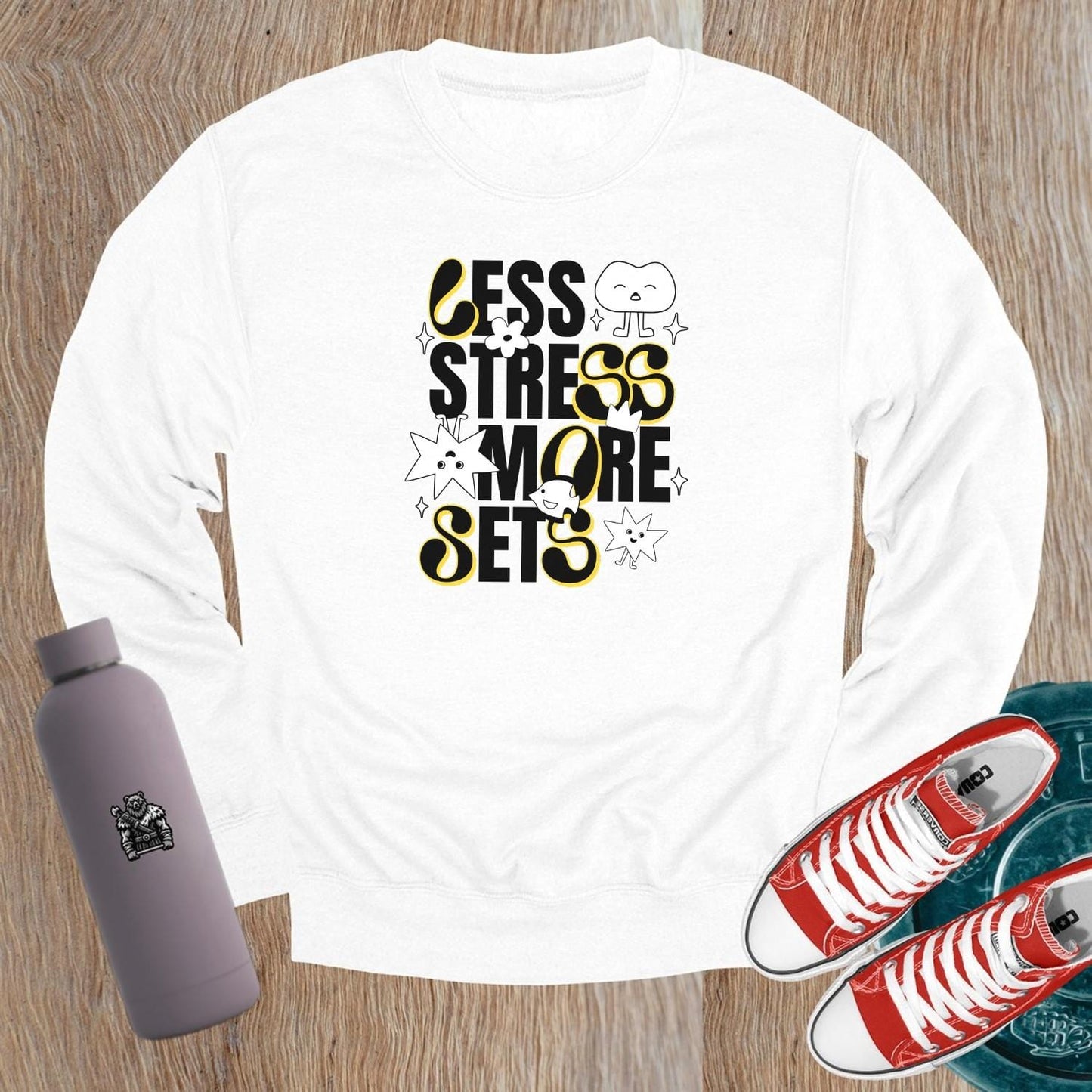 "Vibrant gym sweatshirt with unique designs, ideal for workouts or lounging, paired with leggings for a confident, stylish look."