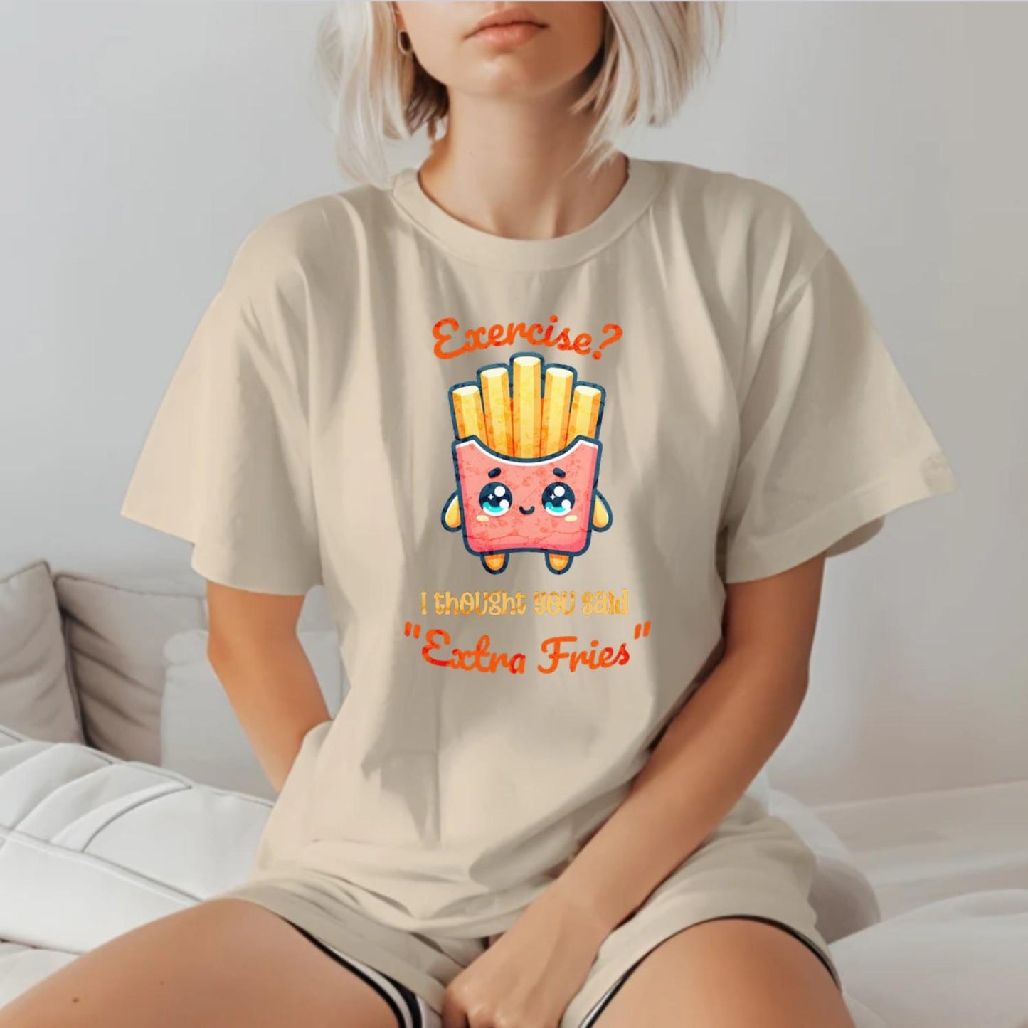 Humorous gym T-shirt featuring "Exercise? I thought you said 'Extra Fries'" graphic, perfect for fitness lovers who enjoy snacks.