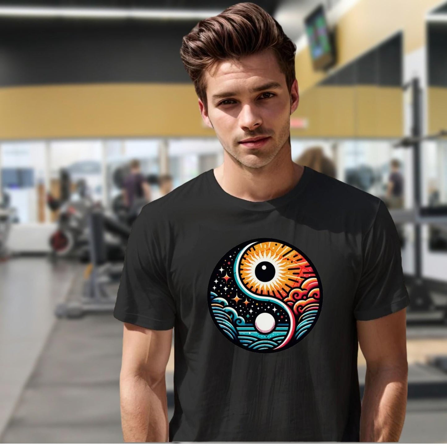 "Vibrant gym T-shirt featuring a bold yin-yang design with sun and moon elements, symbolizing harmony and strength for fitness enthusiasts."