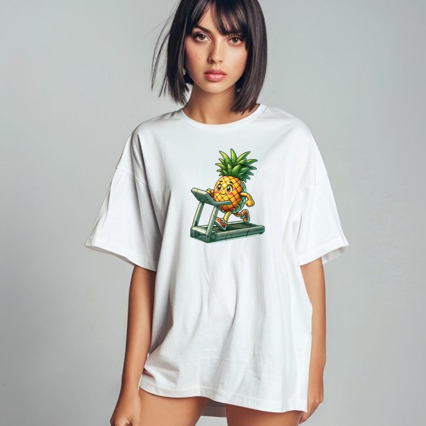"Bright Pineapple Jogger T-Shirt featuring a cheerful pineapple exercising on a treadmill, promoting fun and motivation in fitness."