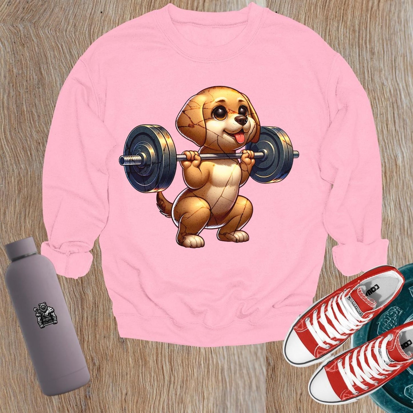 "Adorable dog lifting weights graphic on a playful gym sweatshirt, perfect for fitness lovers. Stylish, comfy, and motivational wear."