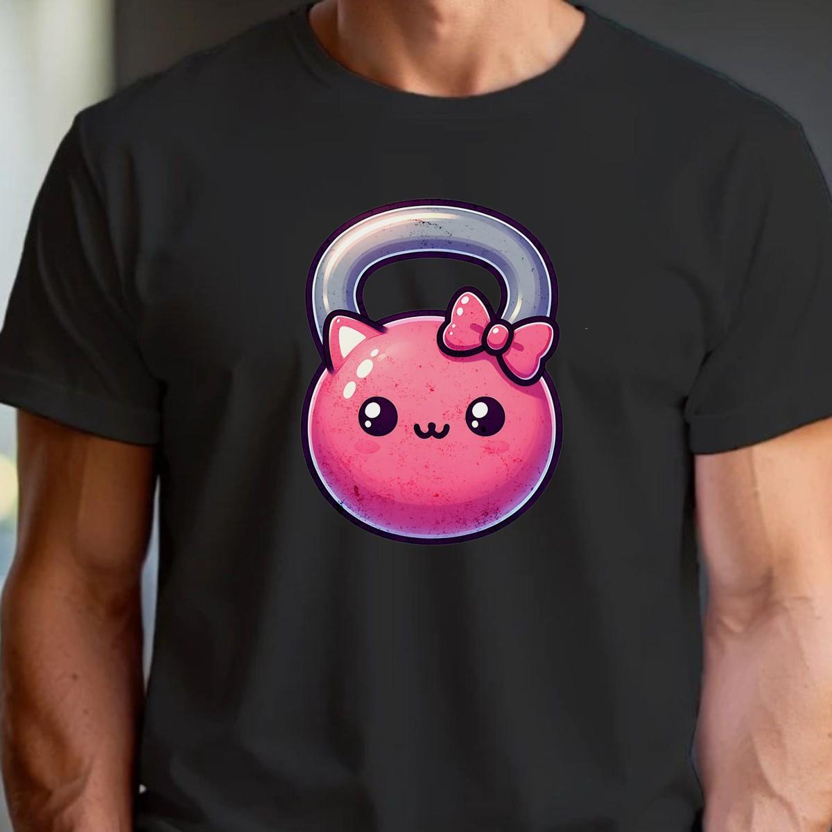 "Adorable pink kettlebell T-shirt with a cute cat face and bow, perfect for gym lovers. Stylish workout gear for fitness enthusiasts."