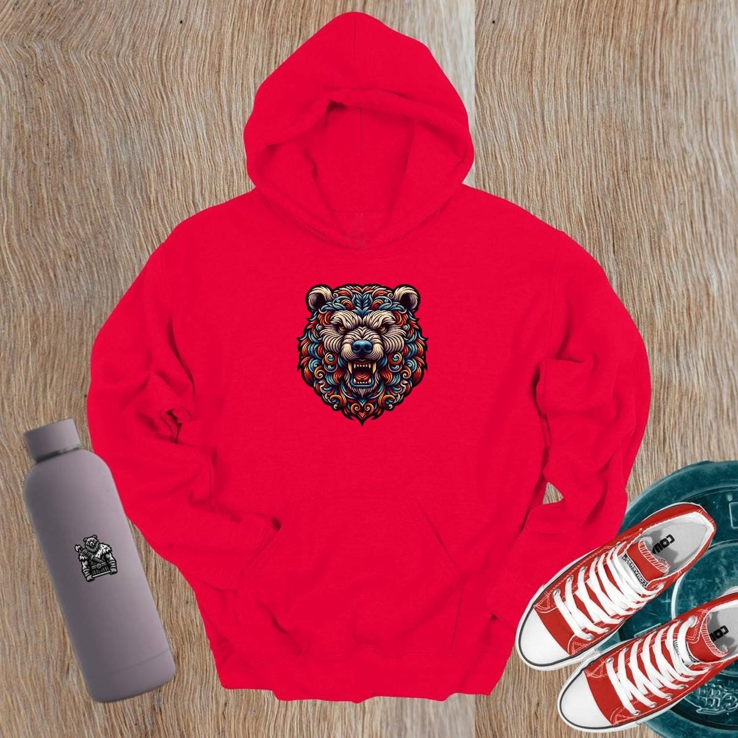 Alt text: "Bold gym hoodie featuring a fierce bear design, perfect for workouts and casual wear, showcasing fitness passion and determination."