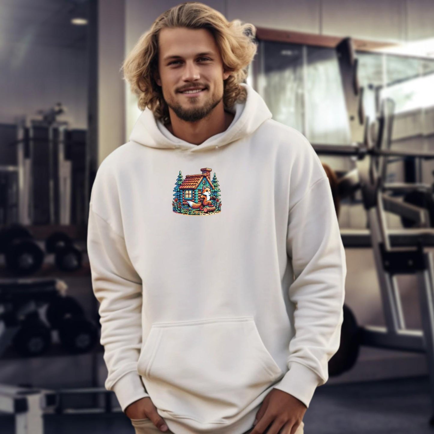 Vibrant gym hoodie featuring a playful fox against a cozy cabin backdrop, perfect for workouts or casual outings. Embrace style!