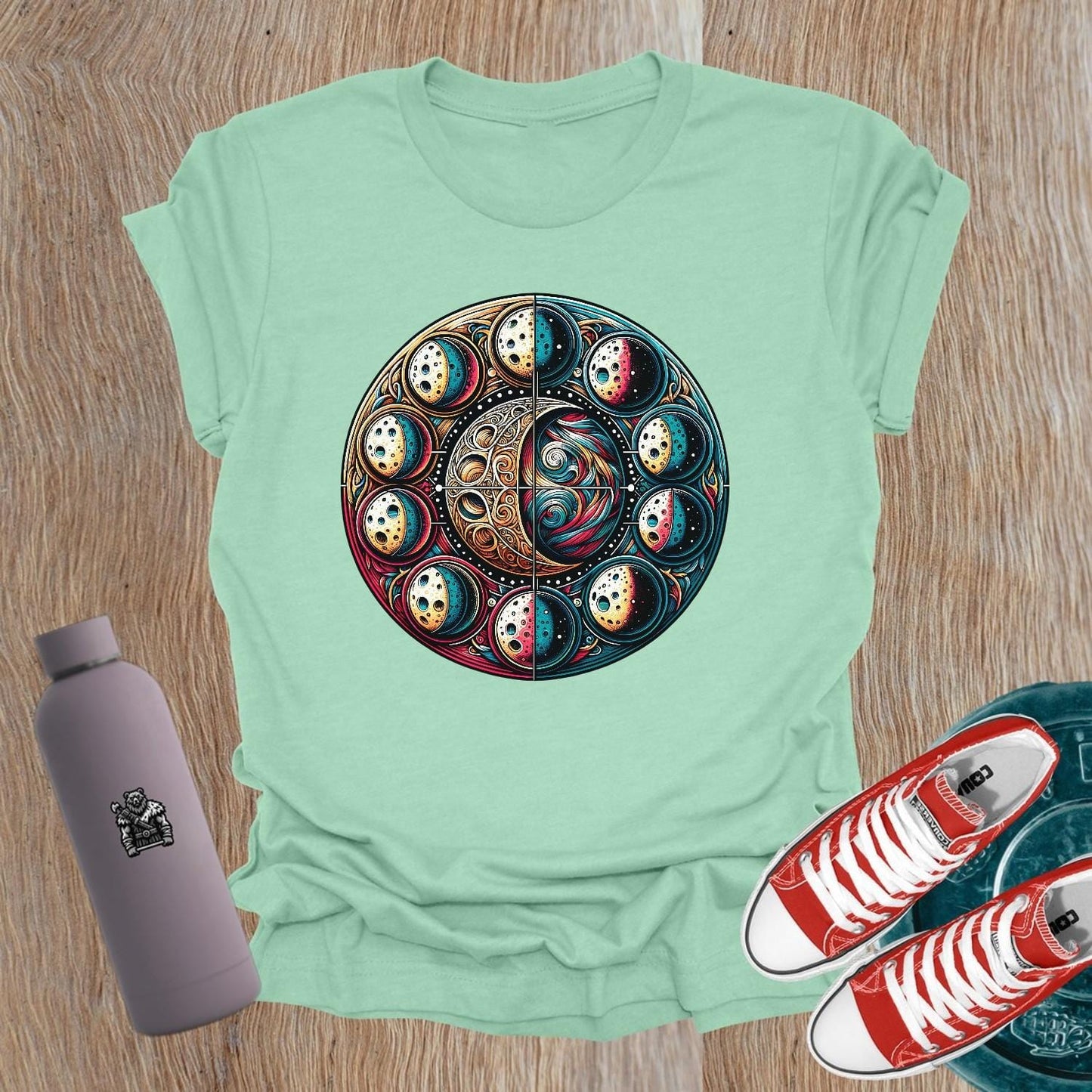 "Women's celestial-themed gym t-shirt featuring a vibrant cosmic print, designed to inspire strength and boost confidence during workouts."