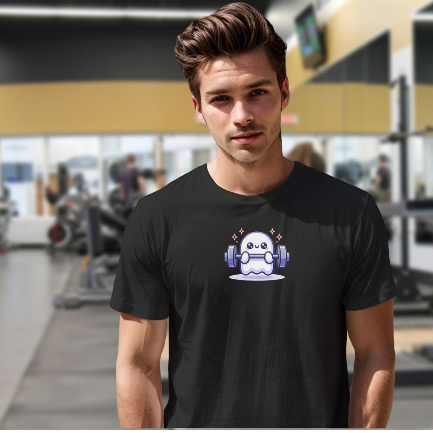"Playful ghost lifting weights design on gym T-shirt, blending fitness motivation with whimsical charm for workout and casual wear."