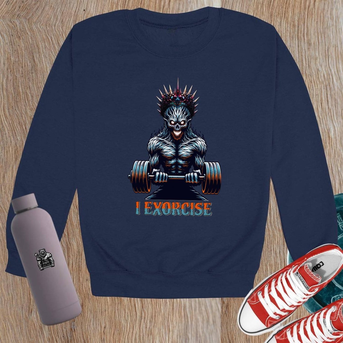 "Bold gym crewneck sweatshirt featuring 'I Exorcise' design, perfect for workouts or casual wear, combining style and motivation."