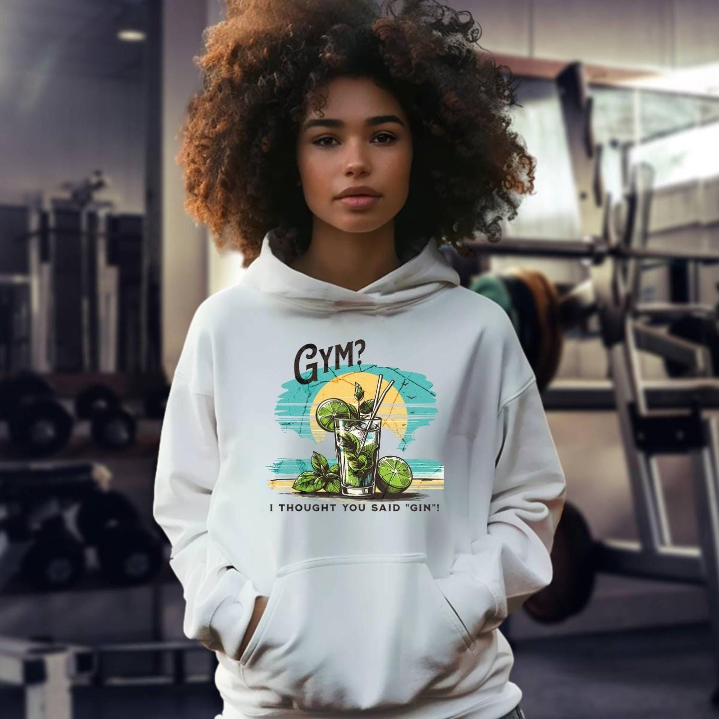 "Vibrant gym hoodie showcasing playful fitness design, perfect for post-workout lounging or socializing; blends style and comfort."