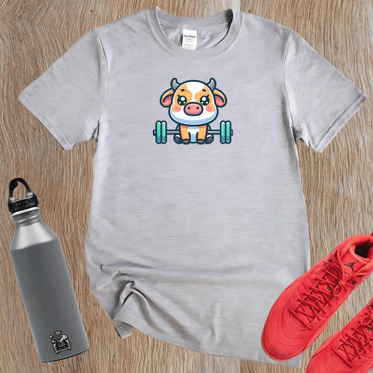"Adorable Cow Gym T-Shirt featuring a cute cow lifting weights, perfect for fitness enthusiasts who enjoy humor and unique style."