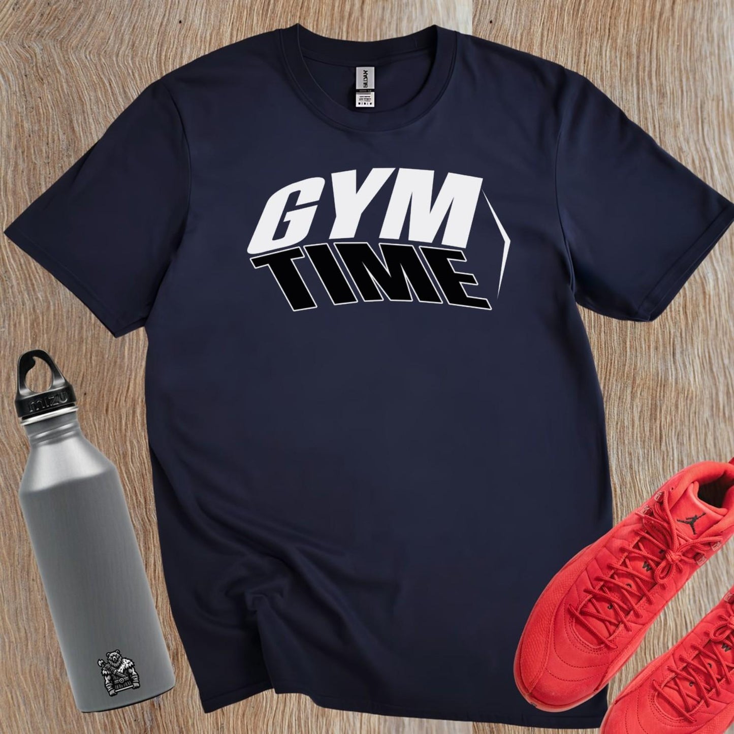 "Bold 'GYM TIME' graphic T-shirt for athletes, showcasing a motivational design ideal for workouts, casual wear, or lounging."