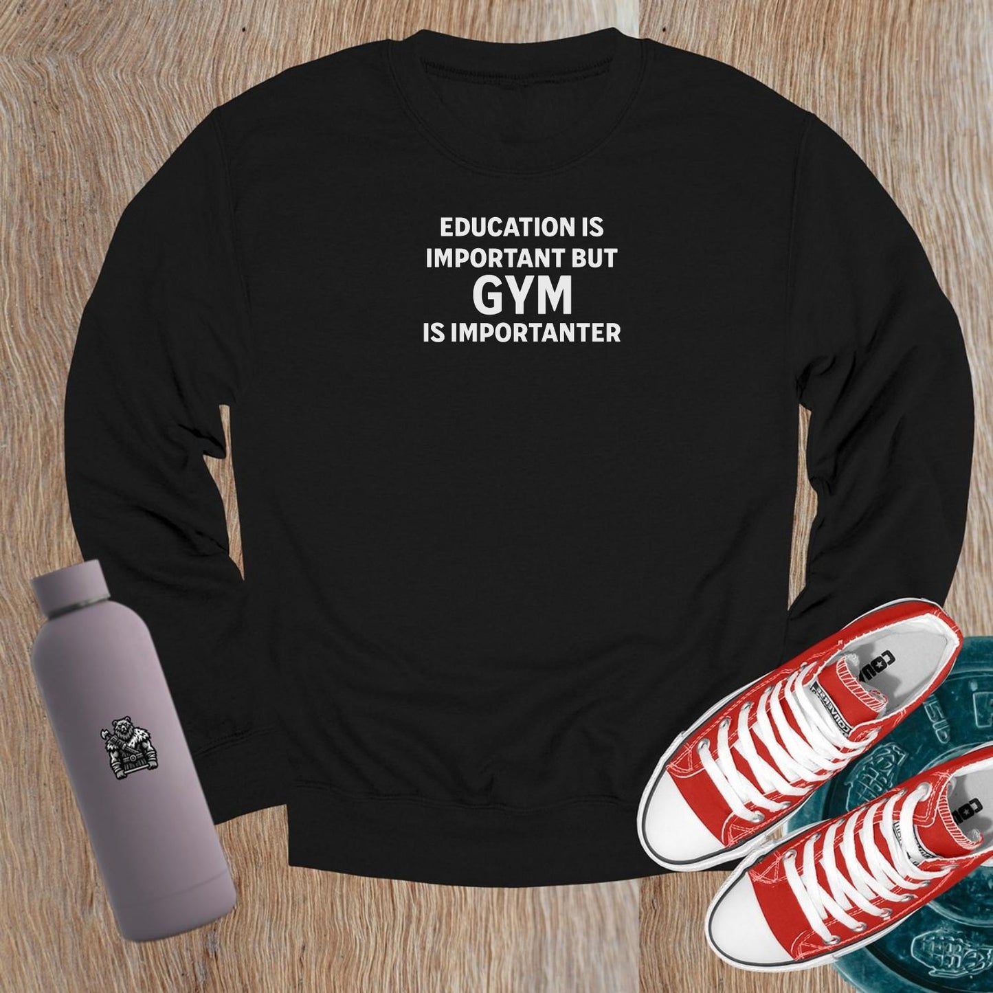 "Bold gym crewneck sweatshirt showcasing fitness dedication, featuring a relaxed fit for comfort. Ideal for workouts and casual wear."