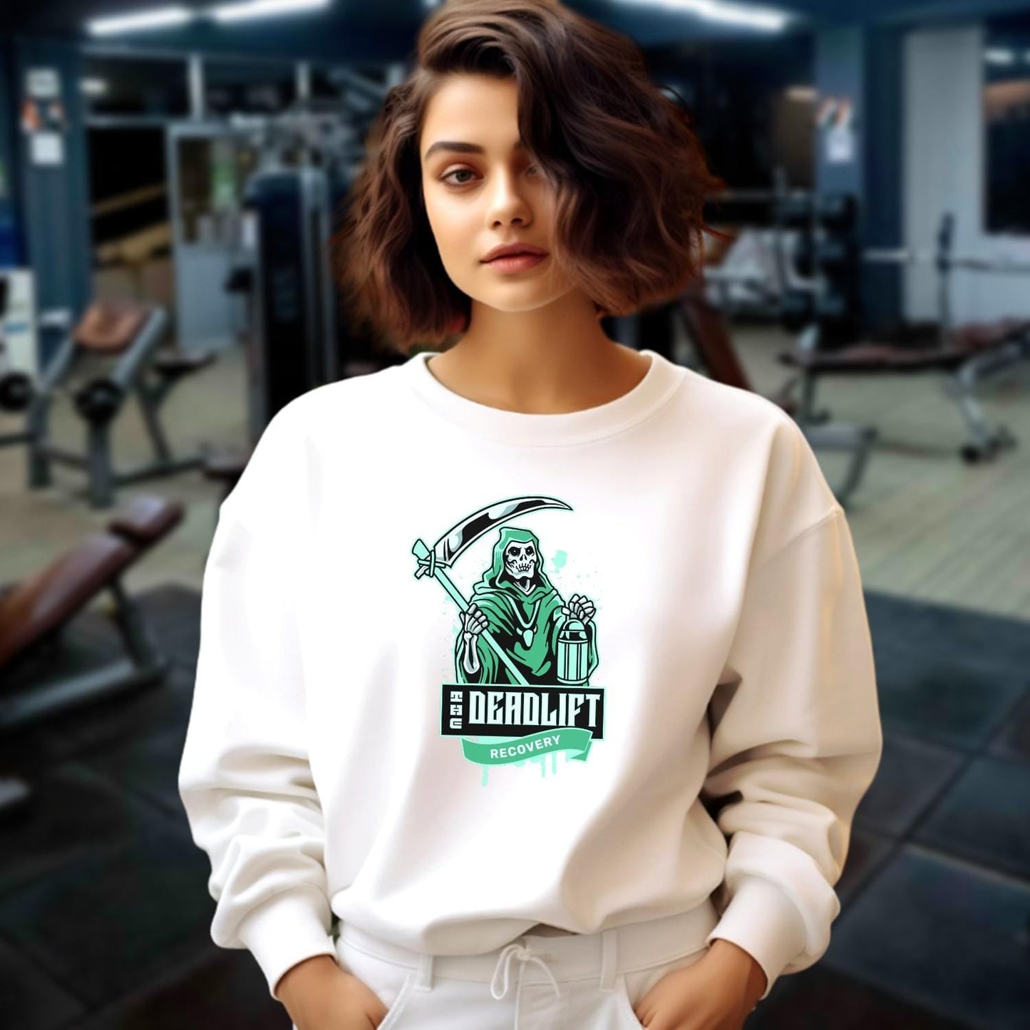 "Graphic sweatshirt featuring a bold lifter design, ideal for gym enthusiasts. Perfect for post-workout comfort and style."