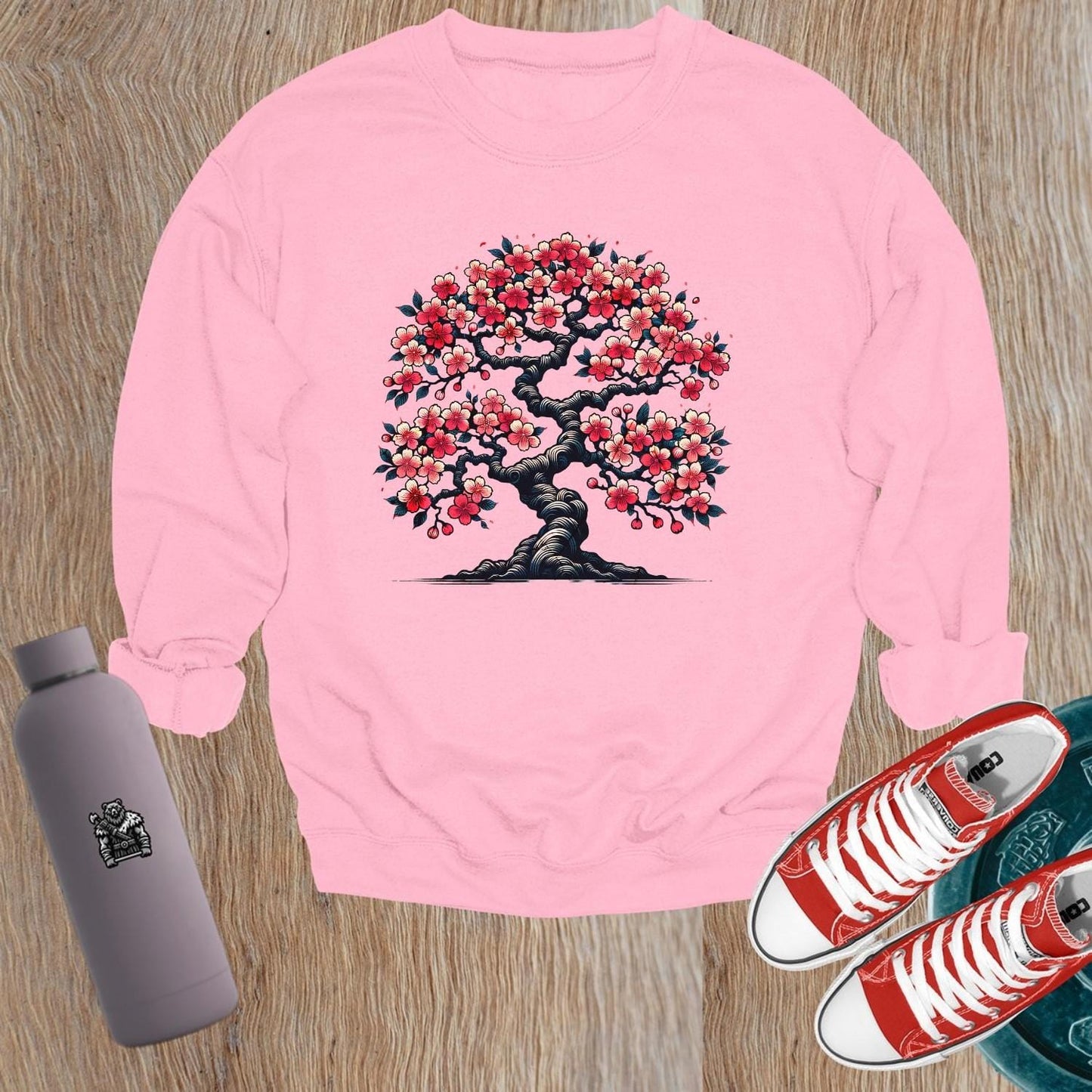 "Floral tree design sweatshirt for women, vibrant print, sporty chic style, perfect for workouts or casual outings, gym wear."