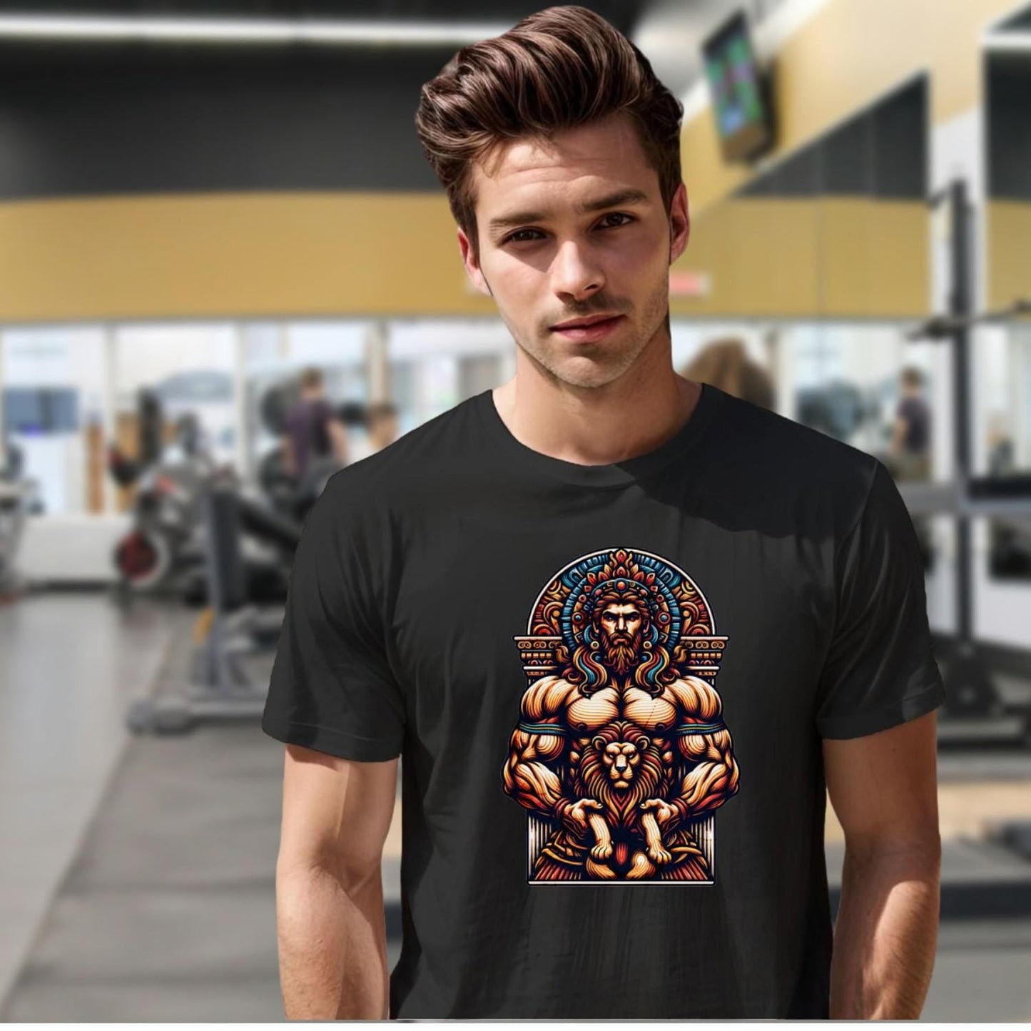 "Bold gym T-shirt featuring a strong muscular figure with a lion, symbolizing courage. Perfect for workouts and casual wear."