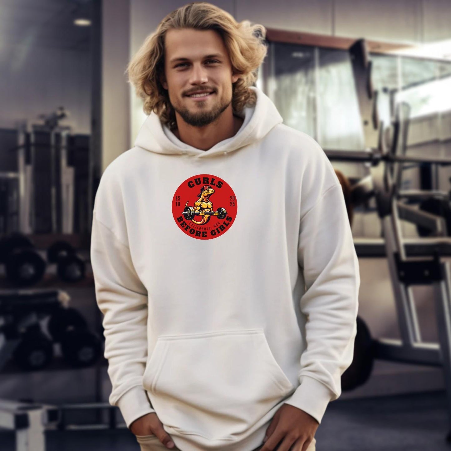 "Graphic hoodie featuring 'Curls Before Girls' slogan, vibrant design for fitness enthusiasts, perfect for gym and casual wear."