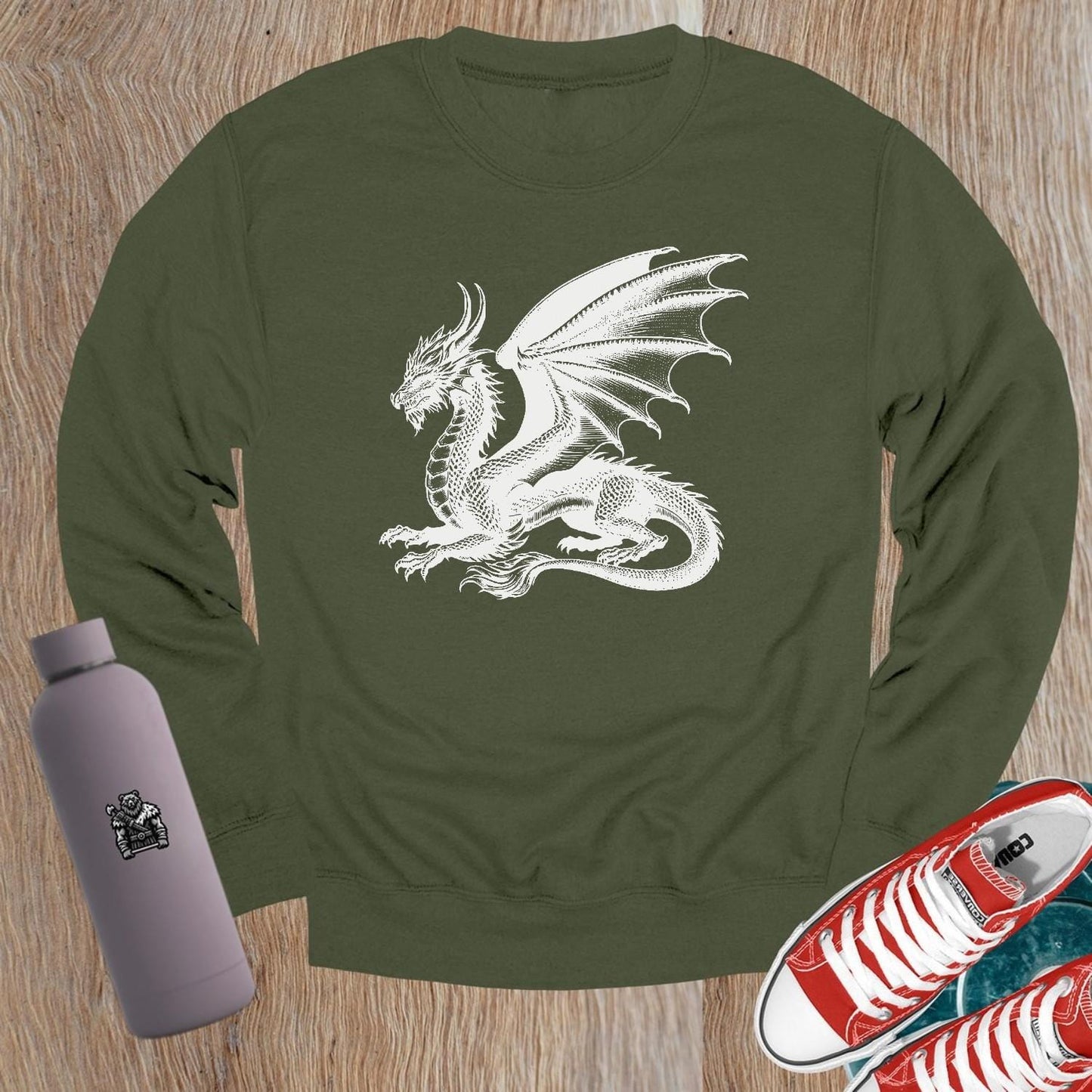 "Fierce dragon graphic on a bold crewneck sweatshirt, perfect for workouts and casual wear. Elevate your gym style with comfort."