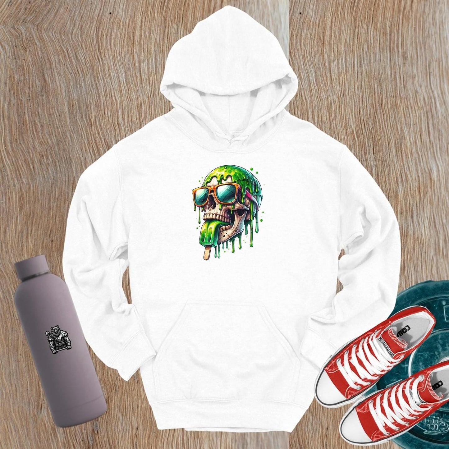 Alt text: "Bold Skull Pop Hoodie featuring a vibrant, dripping skull graphic, perfect for gym workouts and casual hangouts. Edgy design meets ultimate comfort."