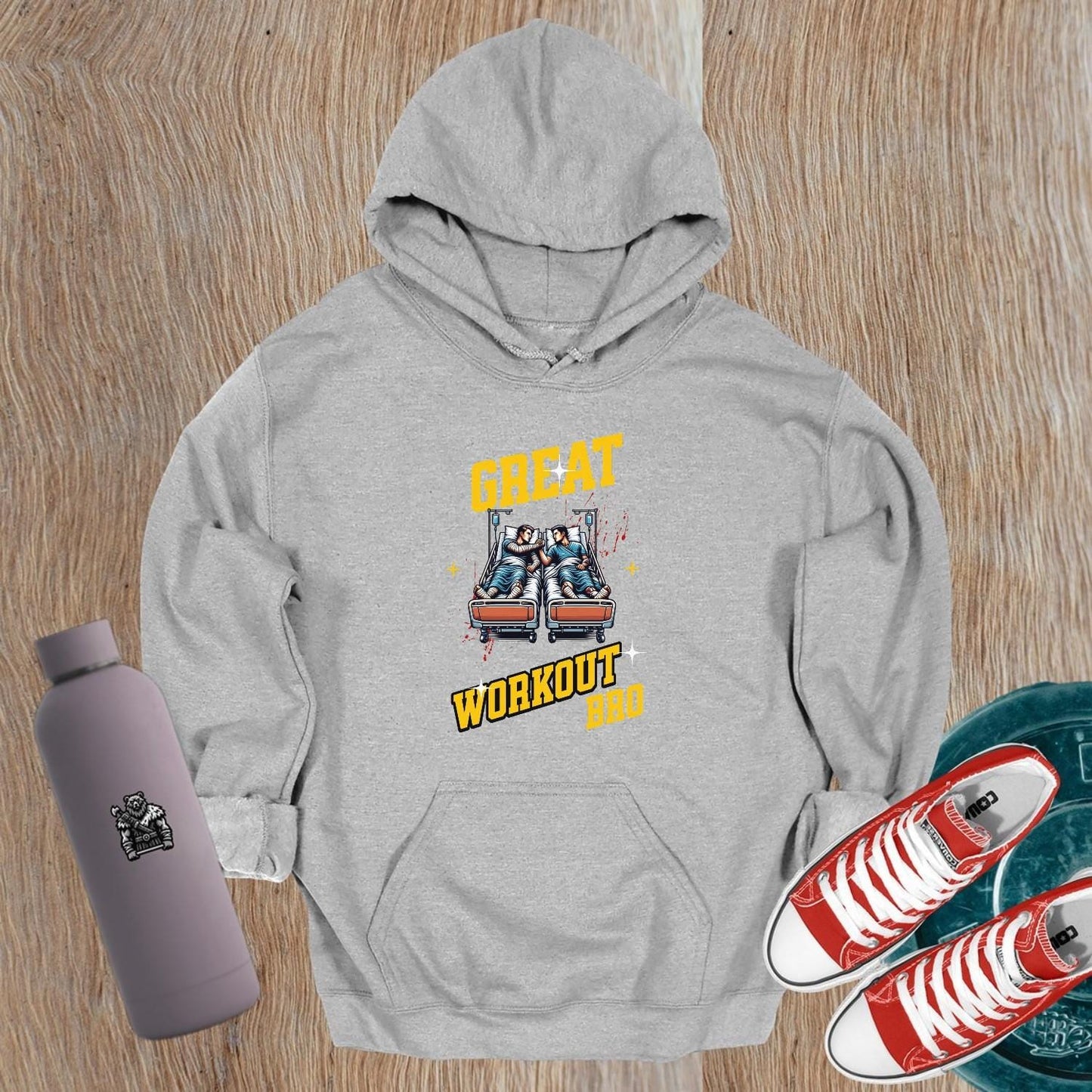 "Edgy 'Great Workout Bro' hoodie featuring bold text and a modern design, perfect for gym enthusiasts and fitness motivation."
