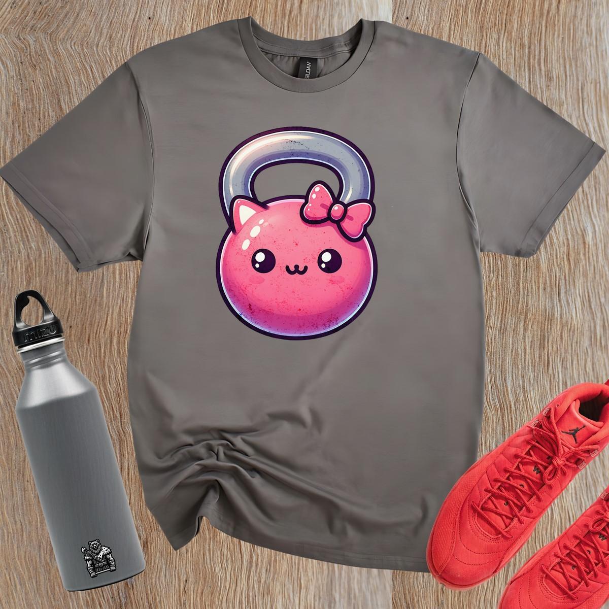 "Adorable pink kettlebell T-shirt with a cute cat face and bow, perfect for gym lovers. Stylish workout gear for fitness enthusiasts."