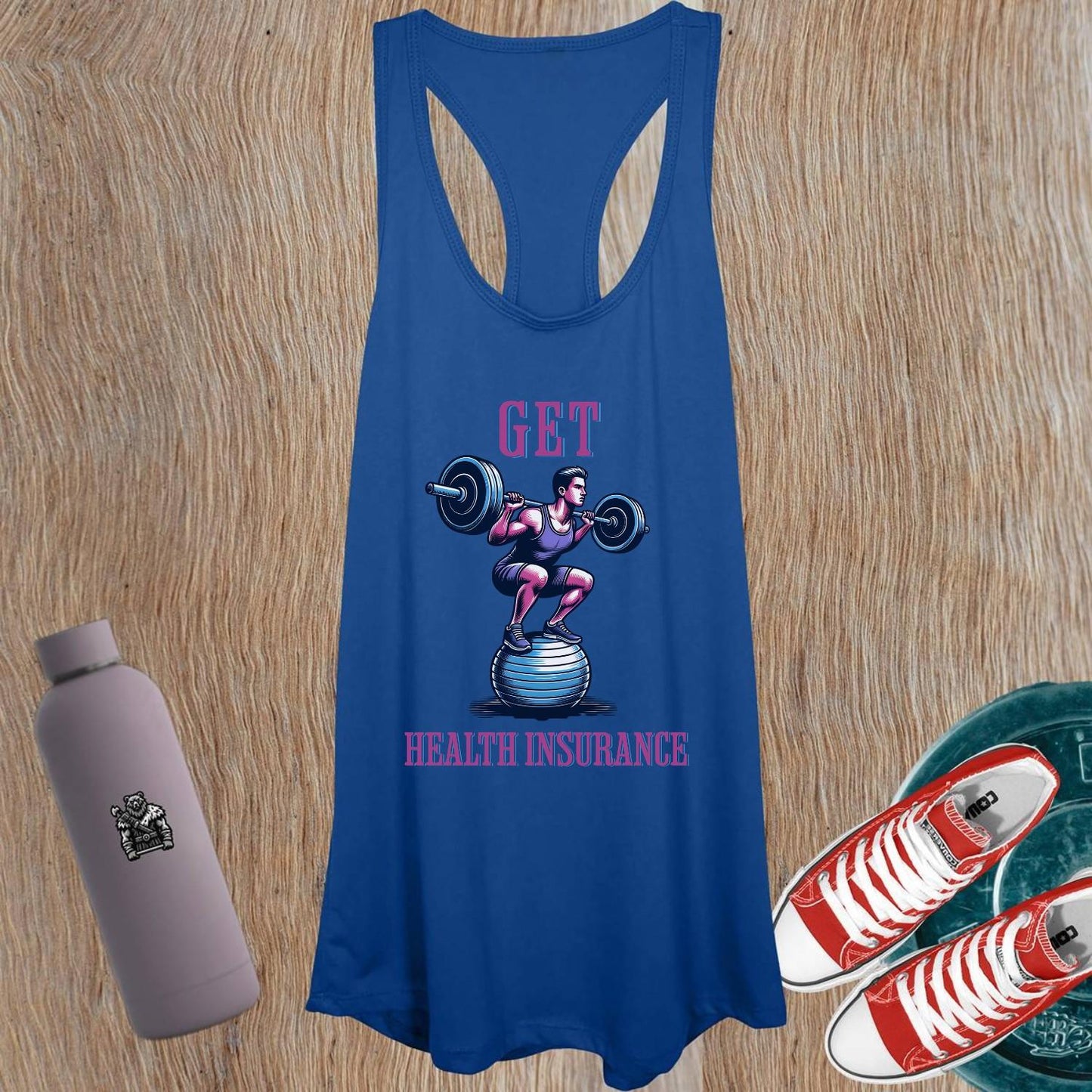 "Stylish women's tank top with 'Get Health Insurance' slogan, featuring an athlete graphic, ideal for workouts, fitness, and motivation."
