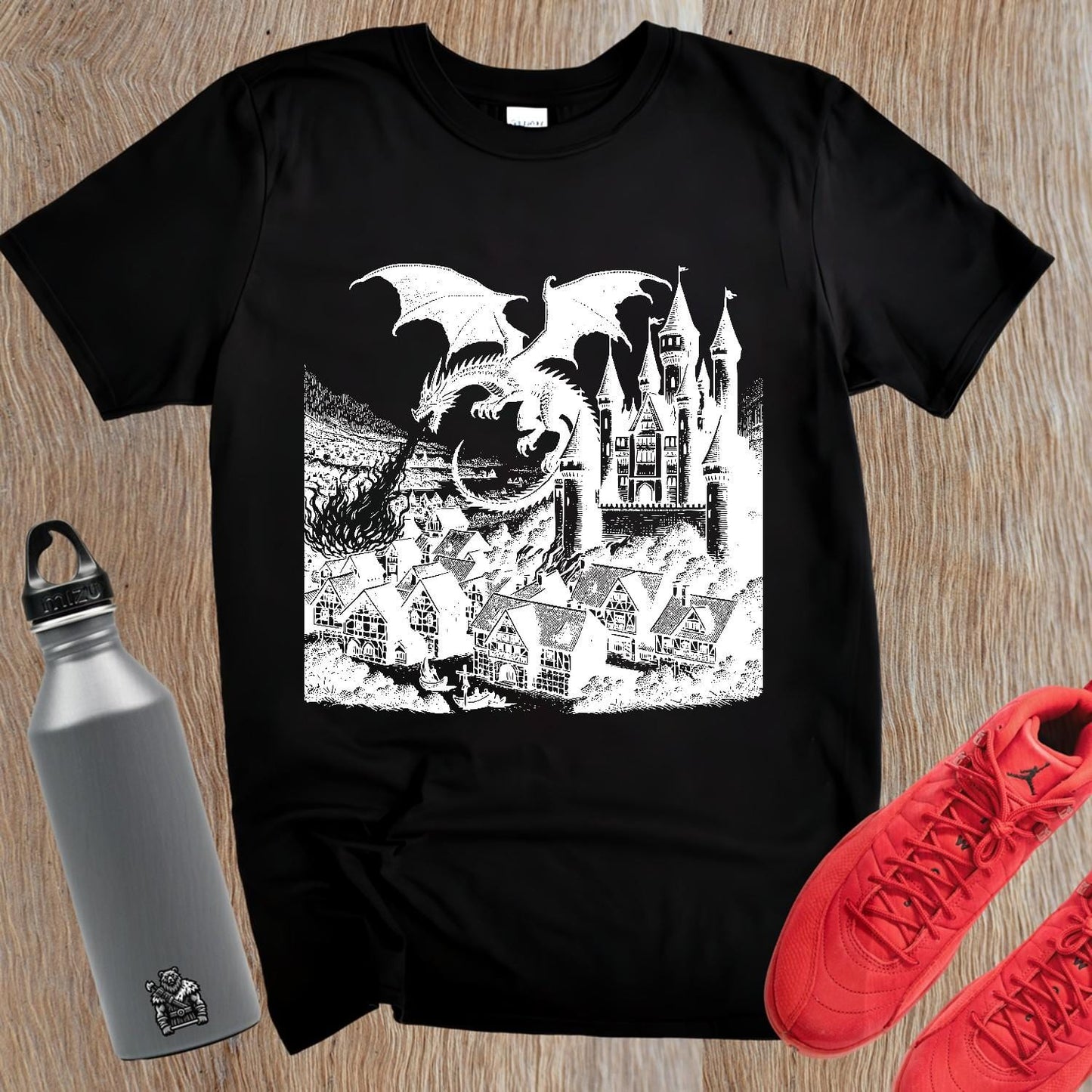 "Fierce dragon soaring over a mystical castle on a bold gym T-shirt, inspiring strength and confidence for workouts and casual outings."
