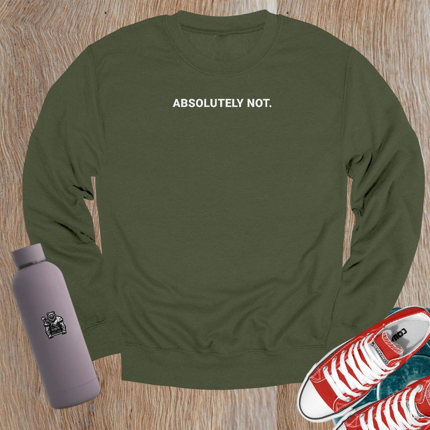 "Bold gym crewneck sweatshirt in relaxed fit, featuring the statement 'ABSOLUTELY NOT.' Perfect for workouts or casual lounging."