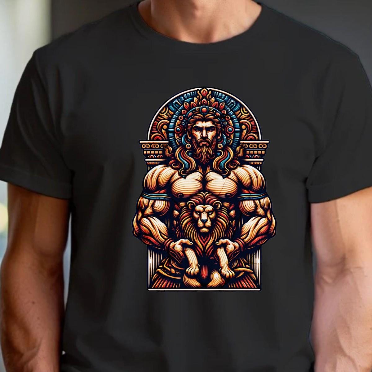 "Bold gym T-shirt featuring a strong muscular figure with a lion, symbolizing courage. Perfect for workouts and casual wear."